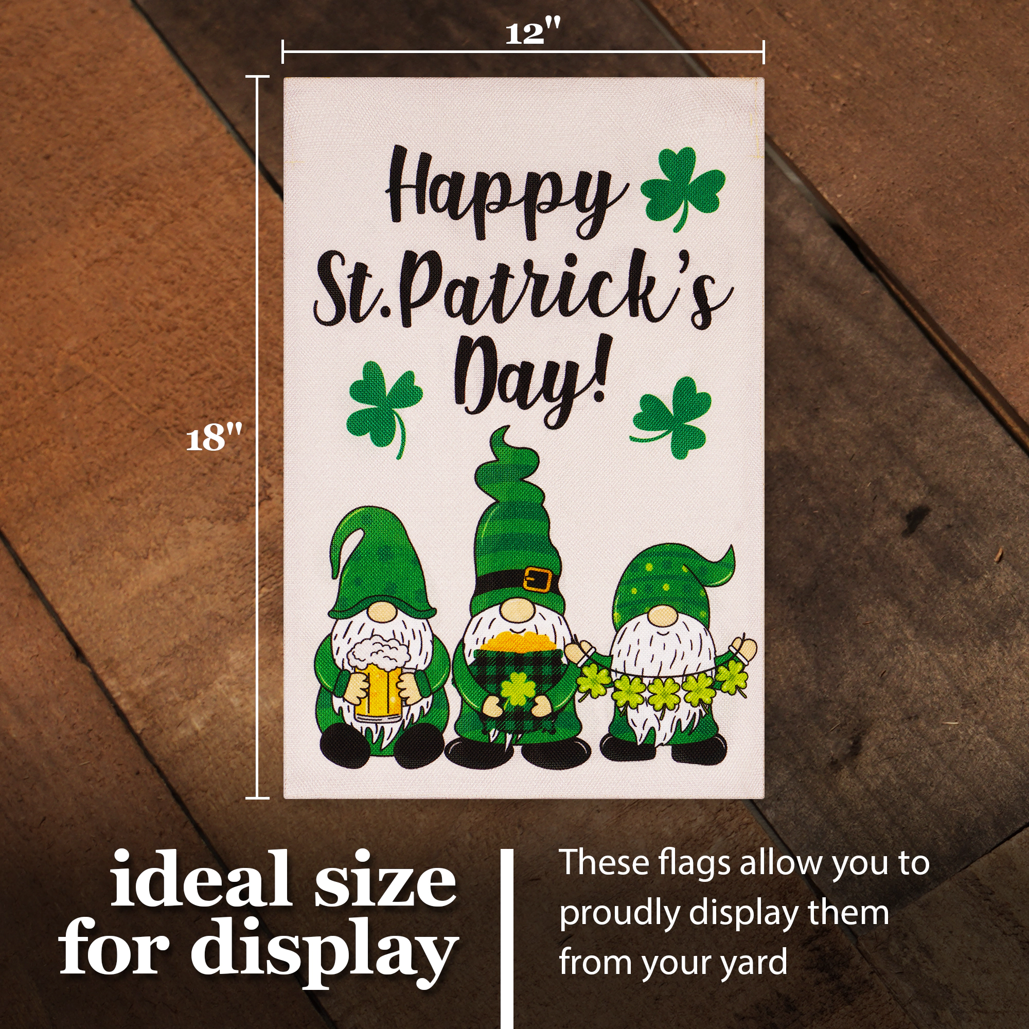 G128 Garden Flag Happy St. Patrick's Day Three Leprechaun Gnomes 12x18 Burlap Polyester