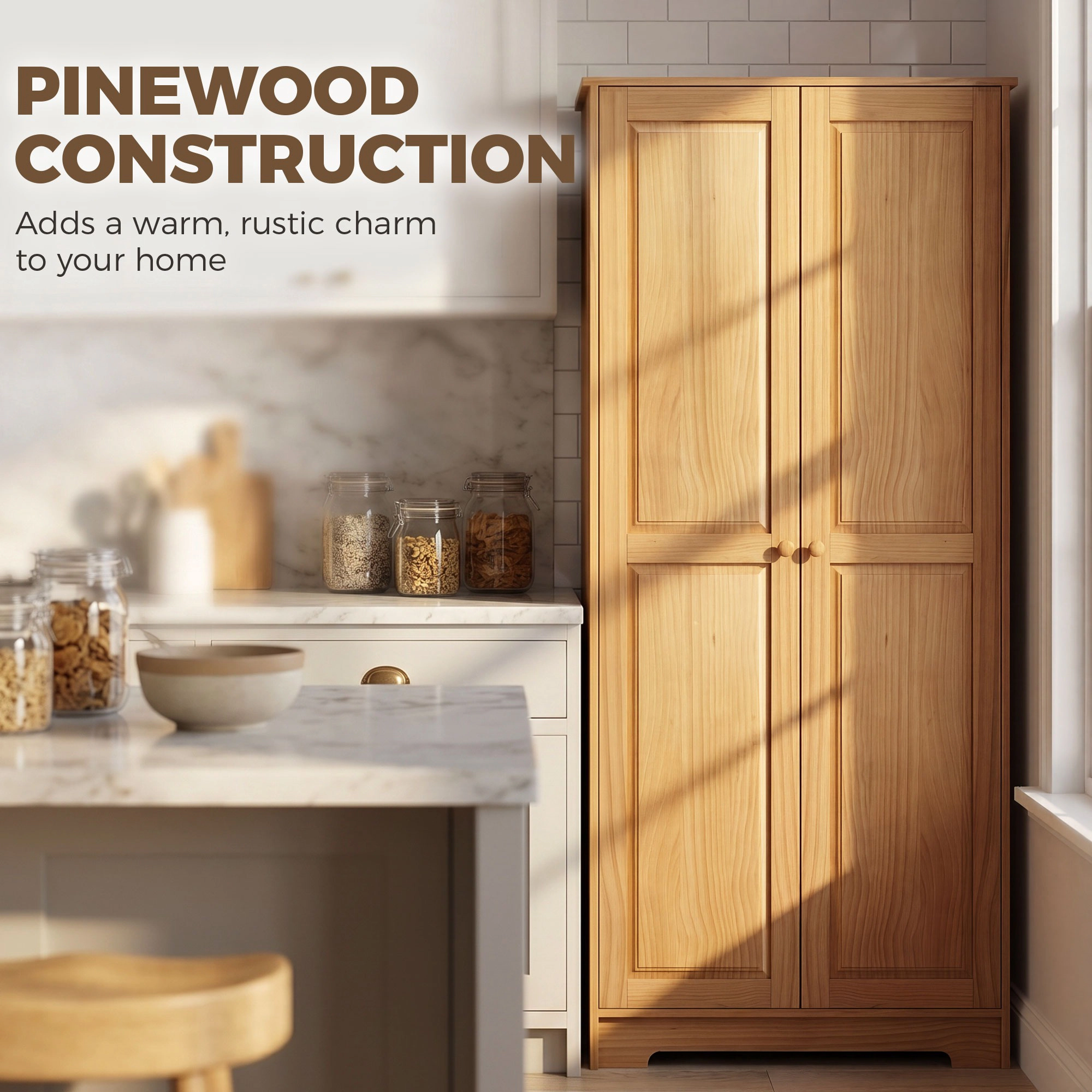 HONGGE 67" Pinewood Kitchen Pantry Storage Cabinet, Freestanding Cabinets with Doors and Shelves, Dining Room