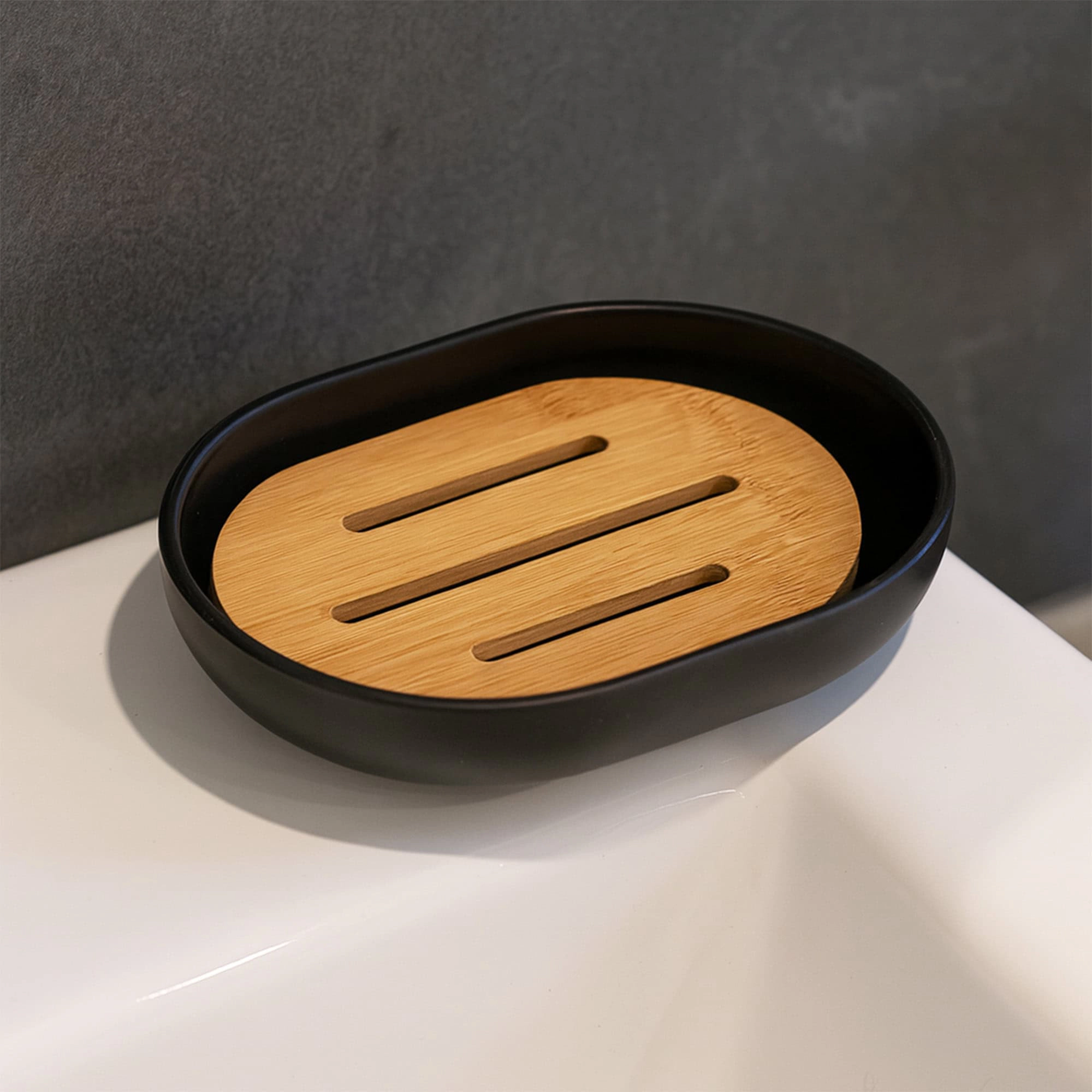 Evideco French Home Goods Padang 2-Piece Soap Dish - Bamboo Platform with Plastic Tray