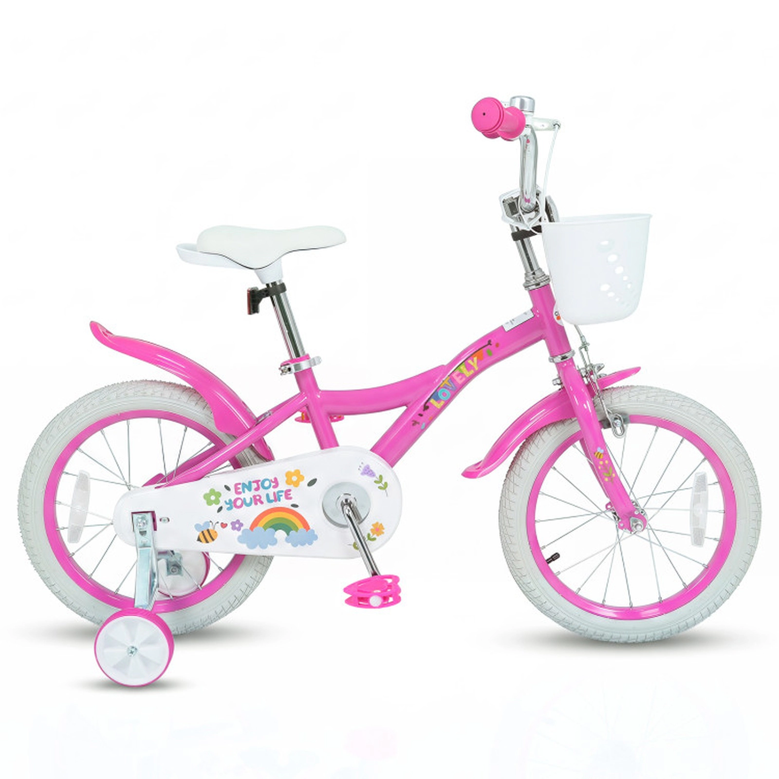 SUGIFT Adjustable 16-In Girls Bike with Training Wheels Basket Bell 110-lb Seat Capacity Ages 4-7 Spring Party Pink