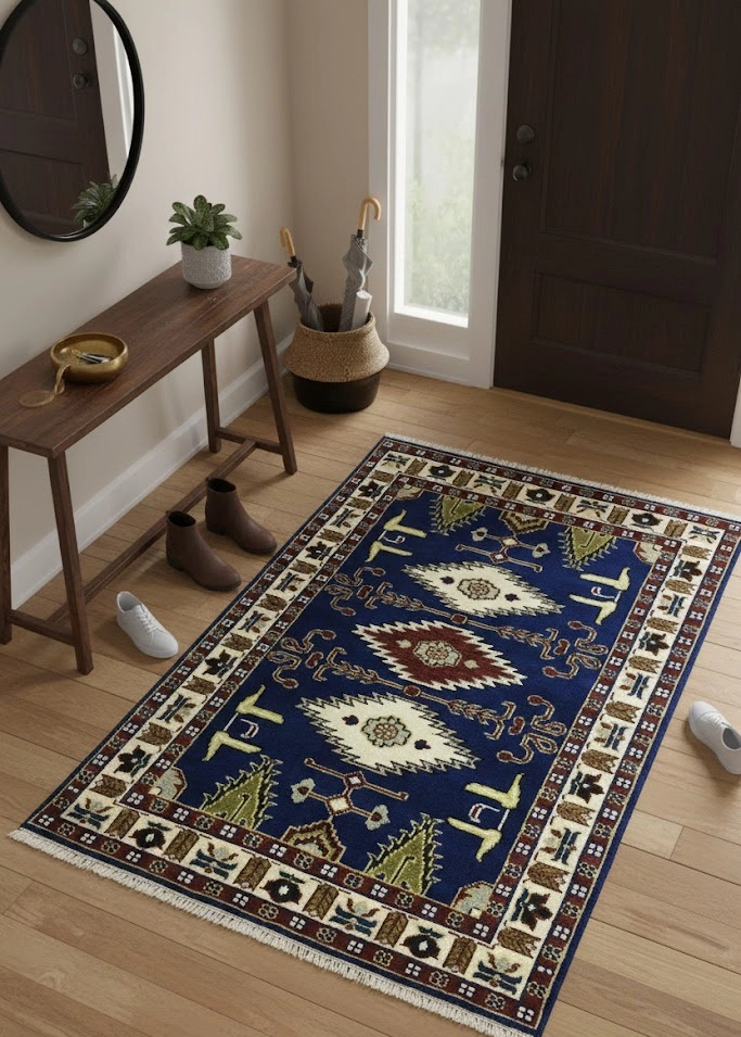 Magic Rugs Navy Blue Geometric 4X6 Kazak Oriental Rug