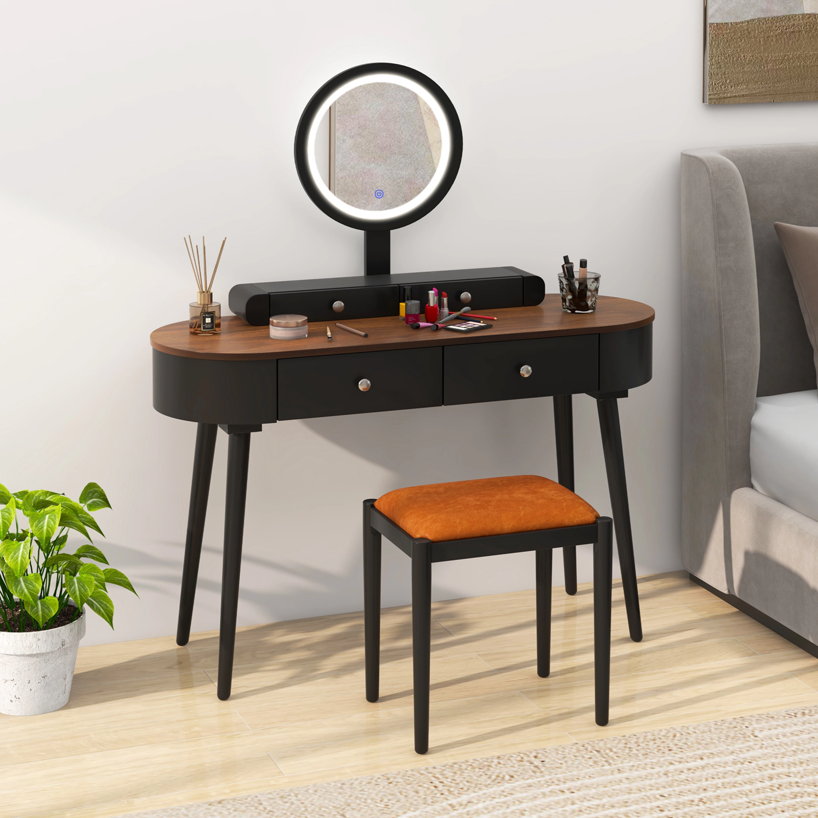 SUGIFT 47-Inch Makeup Vanity Set, LED Mirror, 2 Heights, Drawers and Cushioned Stool