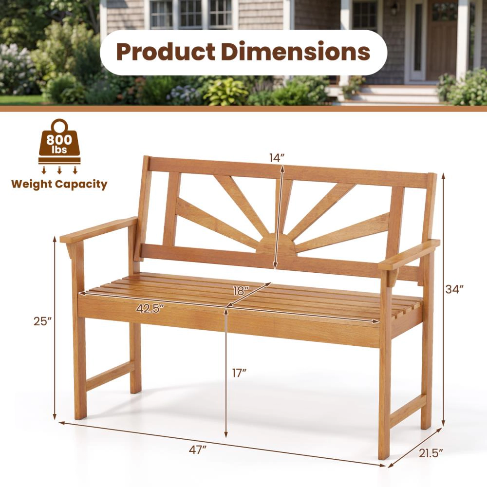 Hivvago 2-Seater Acacia Wood Loveseat Bench With Backrest And Armrests For Patio