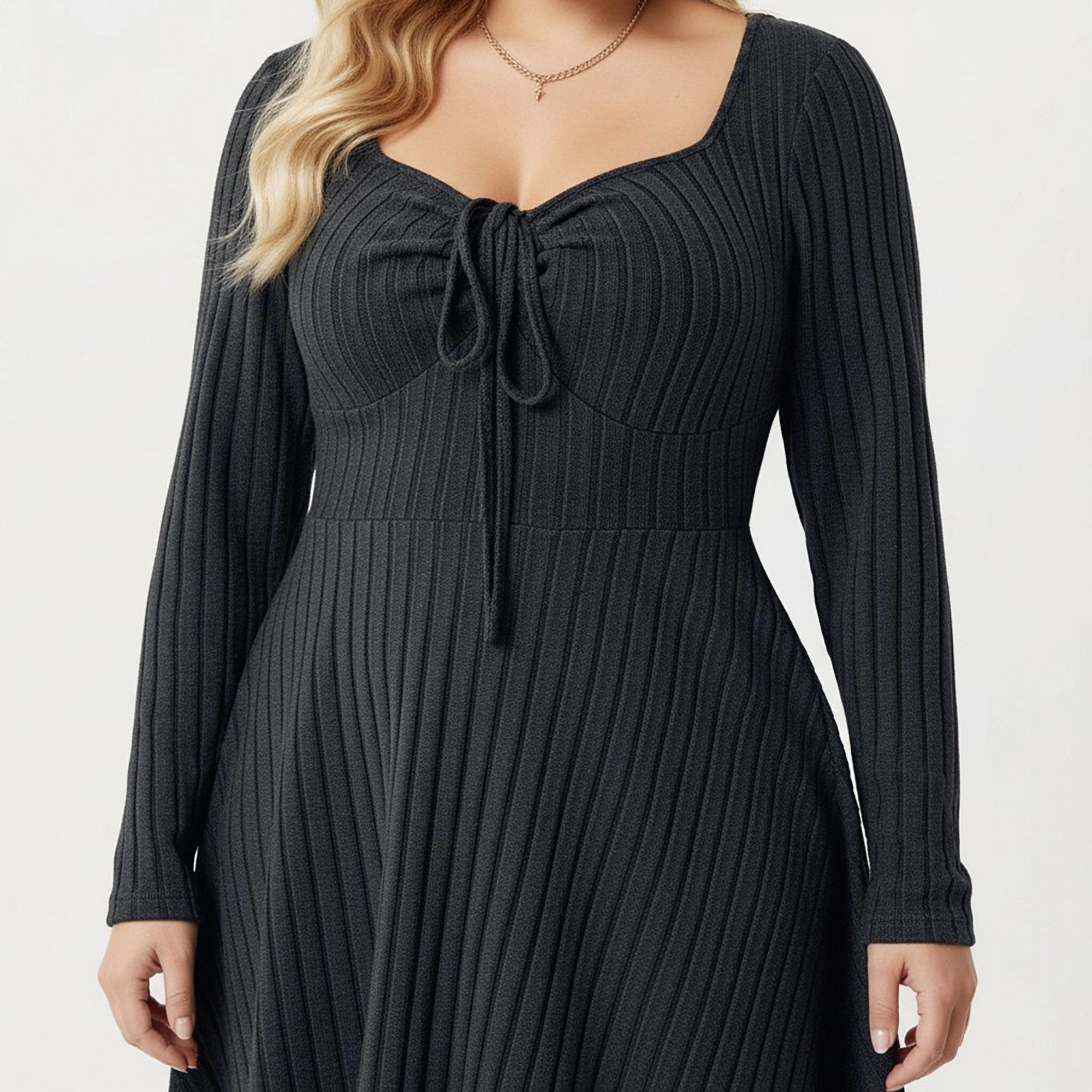 Anna-Kaci Women's Plus Long Sleeve Ribbed Tie Front Flared Skirt Knit Dress