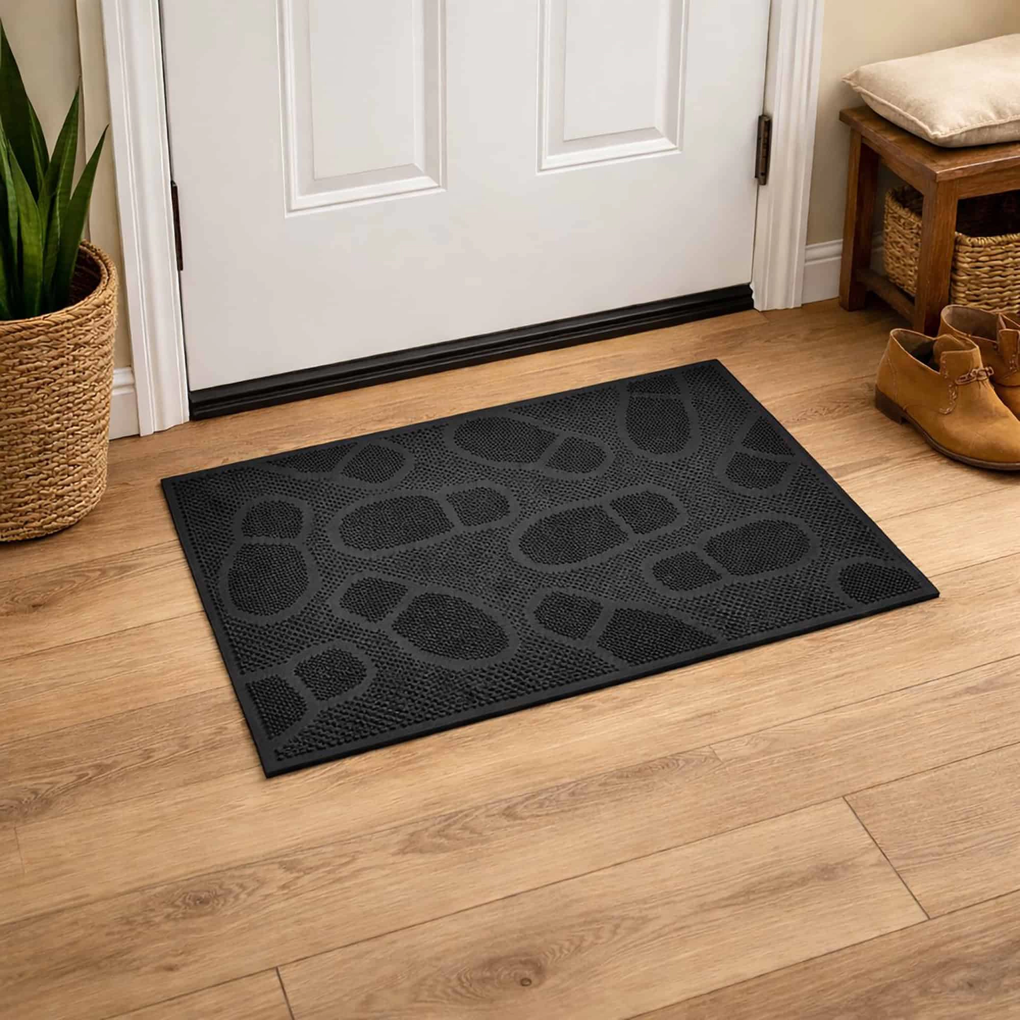 Evideco French Home Goods Black Shoe Print Rubber Doormat 30 x 18 Inches