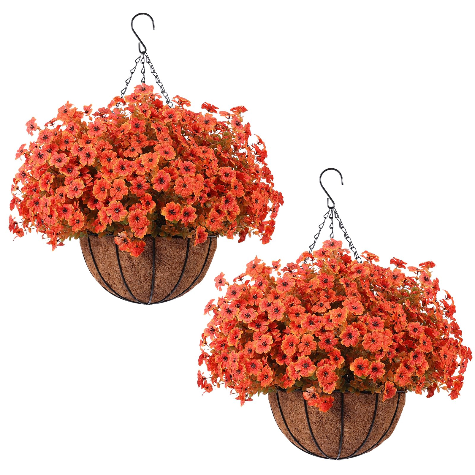 PUPWE 24 Artficial Outdoor Flowers With Hanging Baskets  2 Pack Planter Red Spring Formas Porch Home Patio Yard Decor (2