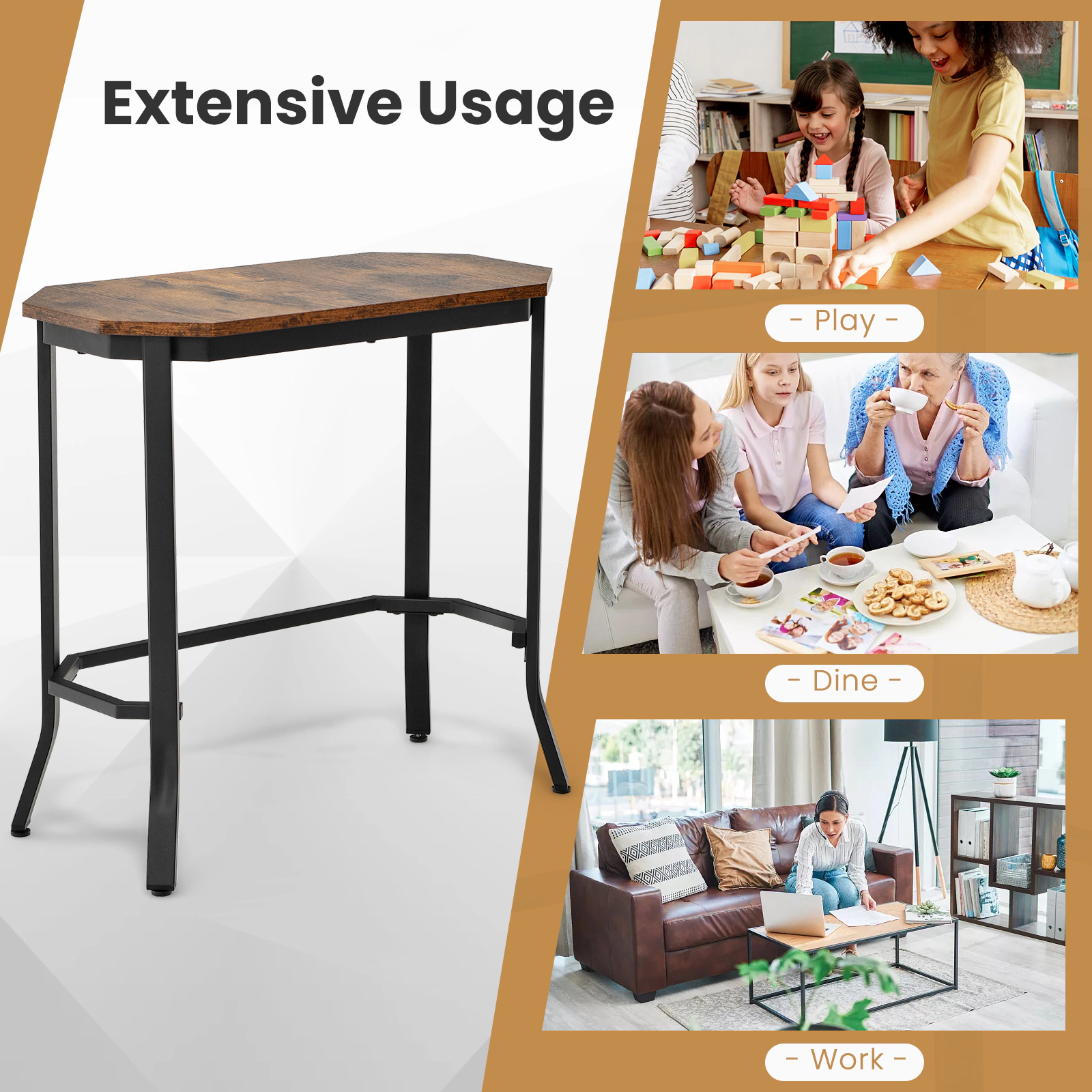 SUGIFT Narrow Hexagonal Rustic Wood Grain End Table 66-lb Capacity Rustic Brown