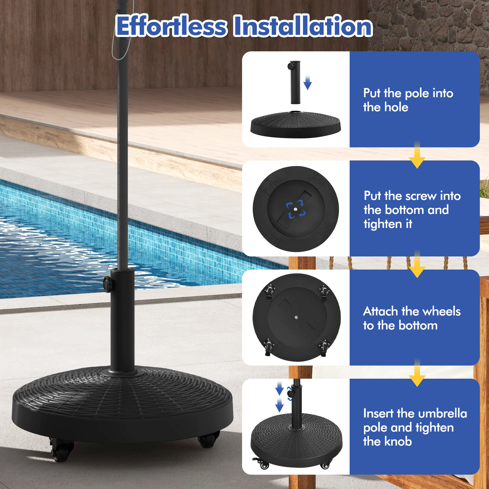 Slickblue Rolling Patio Umbrella Stand Base 50 lb Resin Steel 4 Swivel Lock Wheels Deck Garden