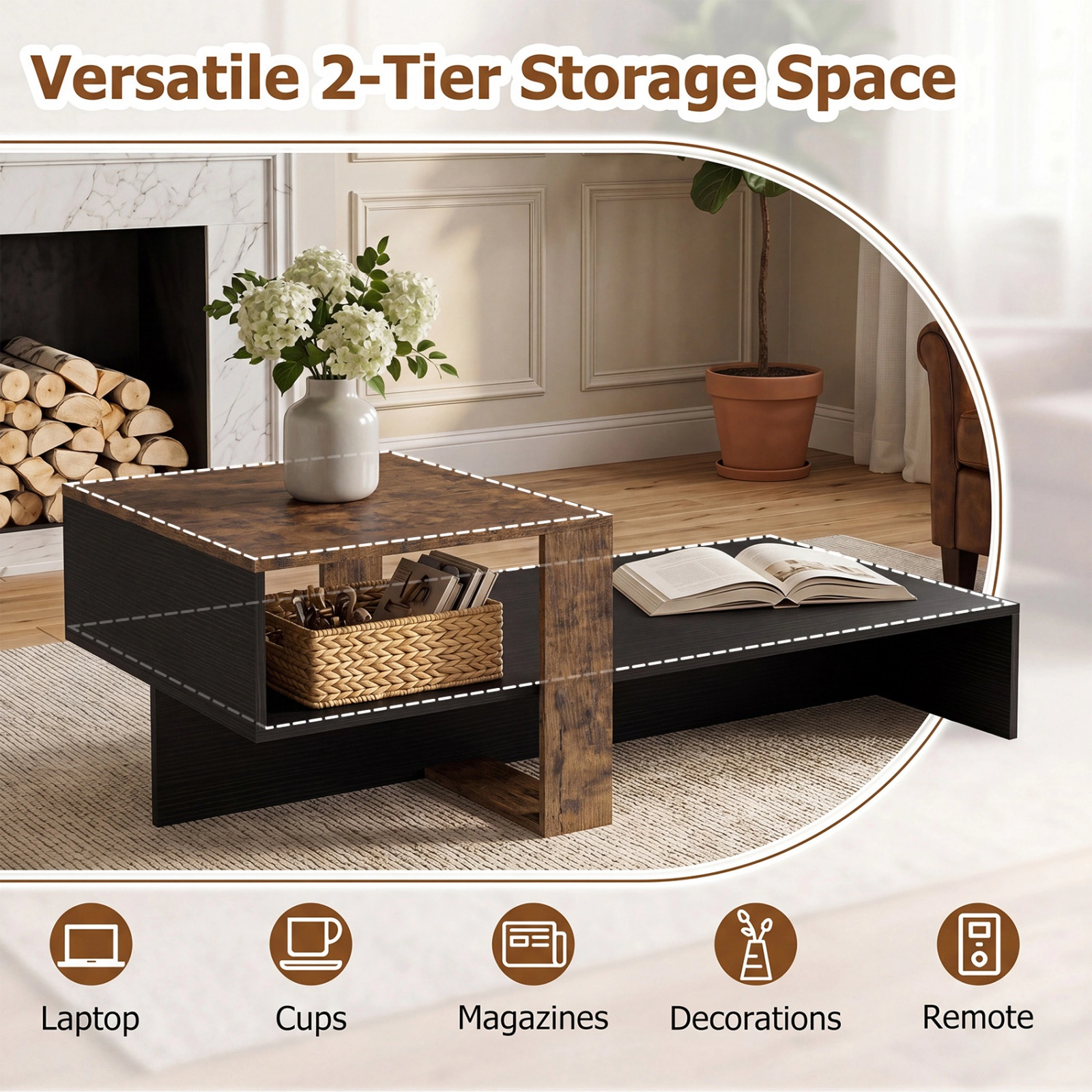 SUGIFT 39.5-in 2-Tier 66-lb Capacity Low Profile Irregular Geometric Coffee Table with Open Storage Shelf