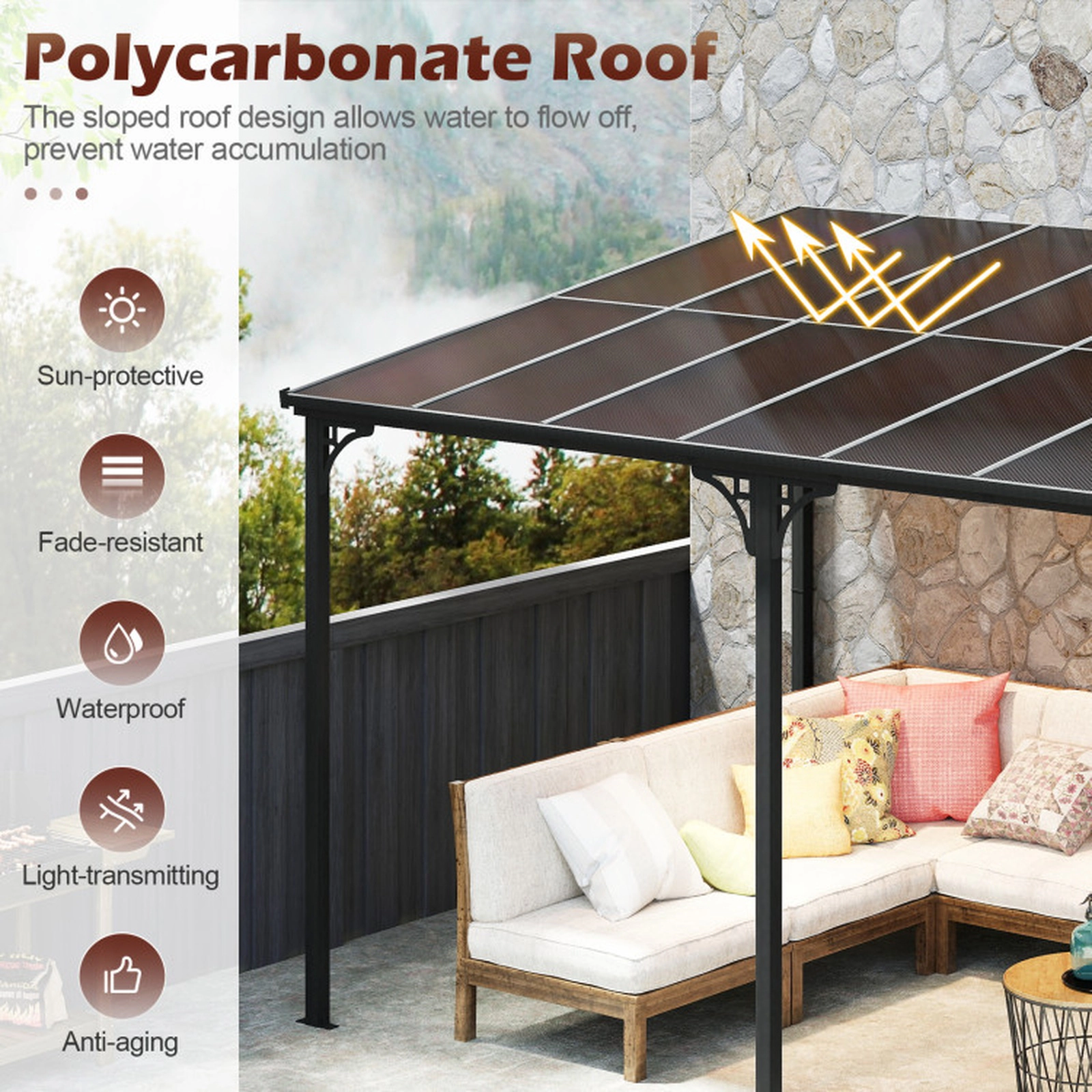 SUGIFT Black Sloped Polycarbonate Roof 13 x 10 ft Wall-Mounted Hardtop Pergola