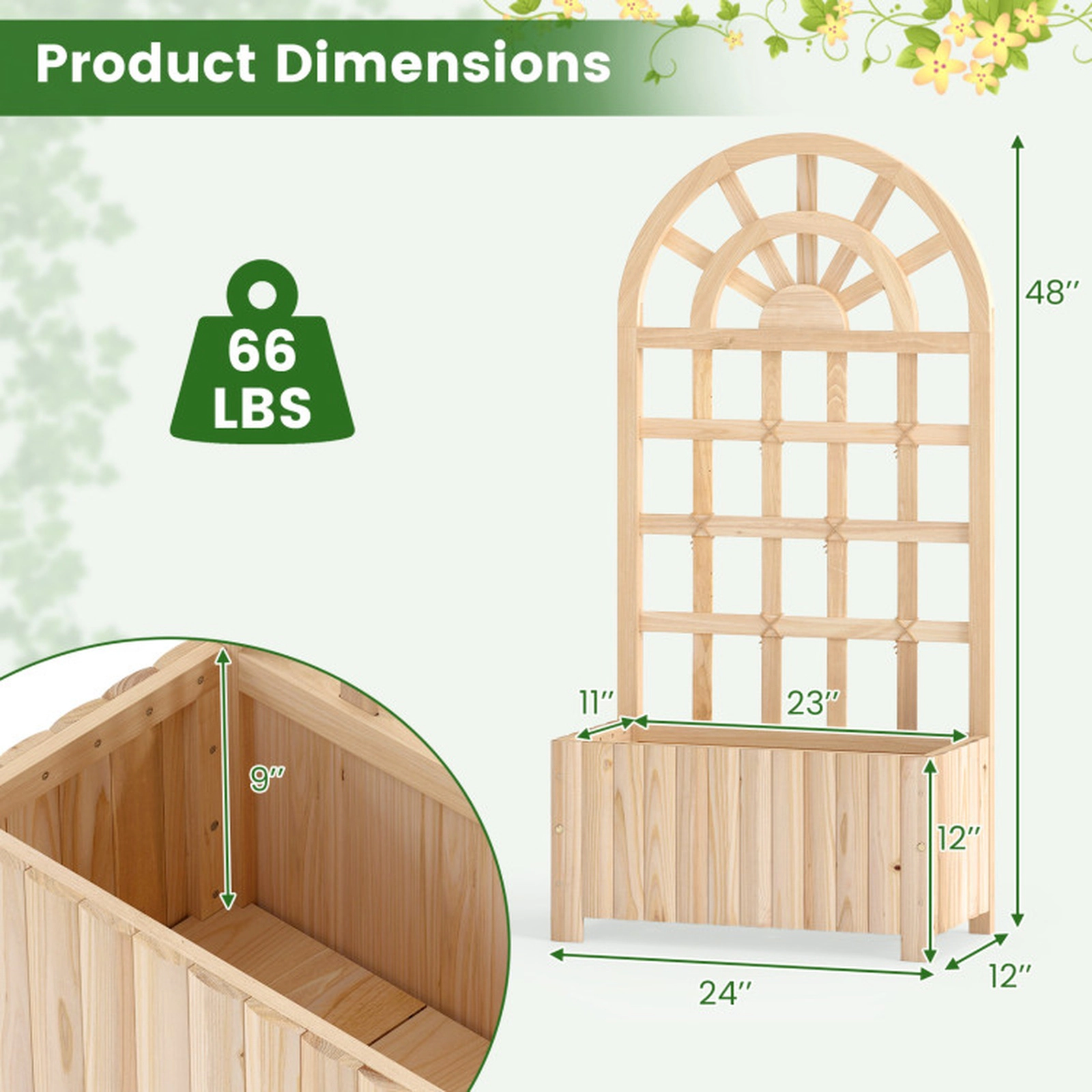 SUGIFT Natural Wood Raised Garden Bed with 48-in Lattice Trellis 24-in W 12-in D 66-lb Planter Box Capacity