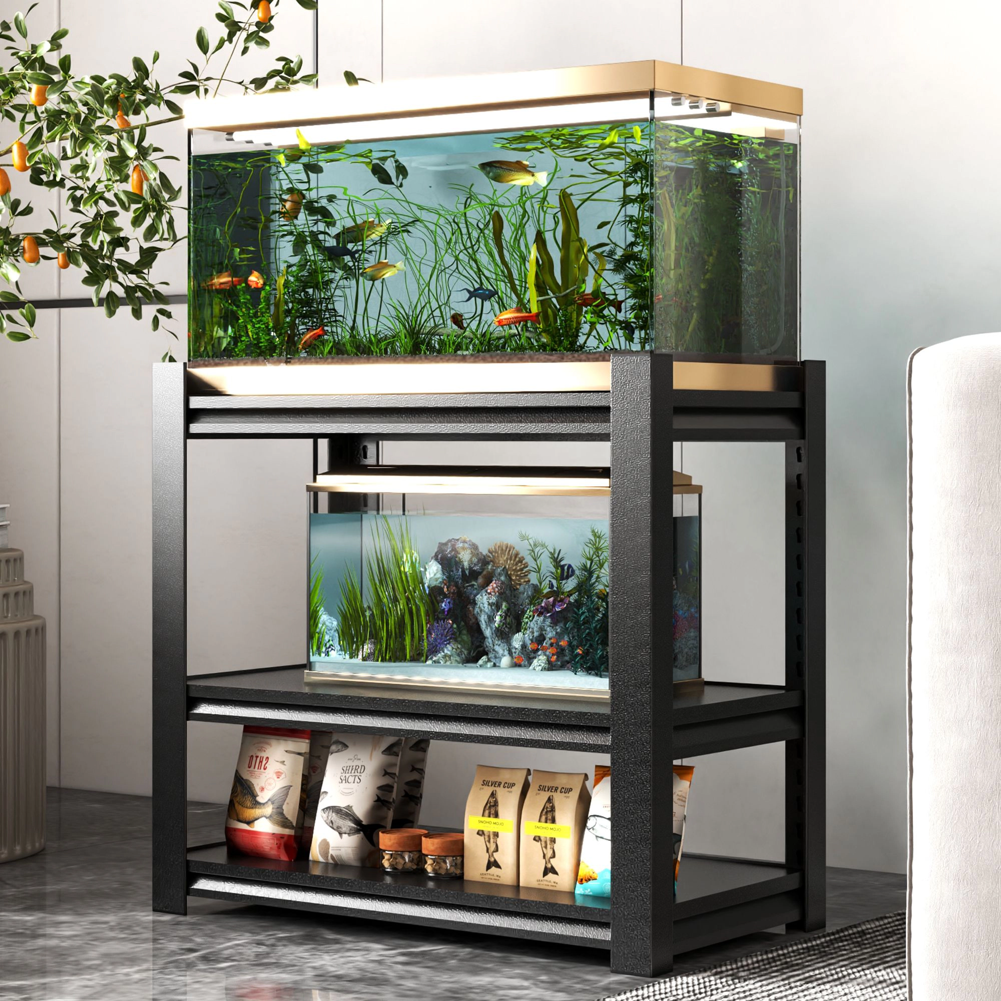 Flynama 3 Tier Fish Tank Stand 40-50 Gallon 34H x 18W in Adjustable Heavy Duty Aquarium Rack for Home and Office