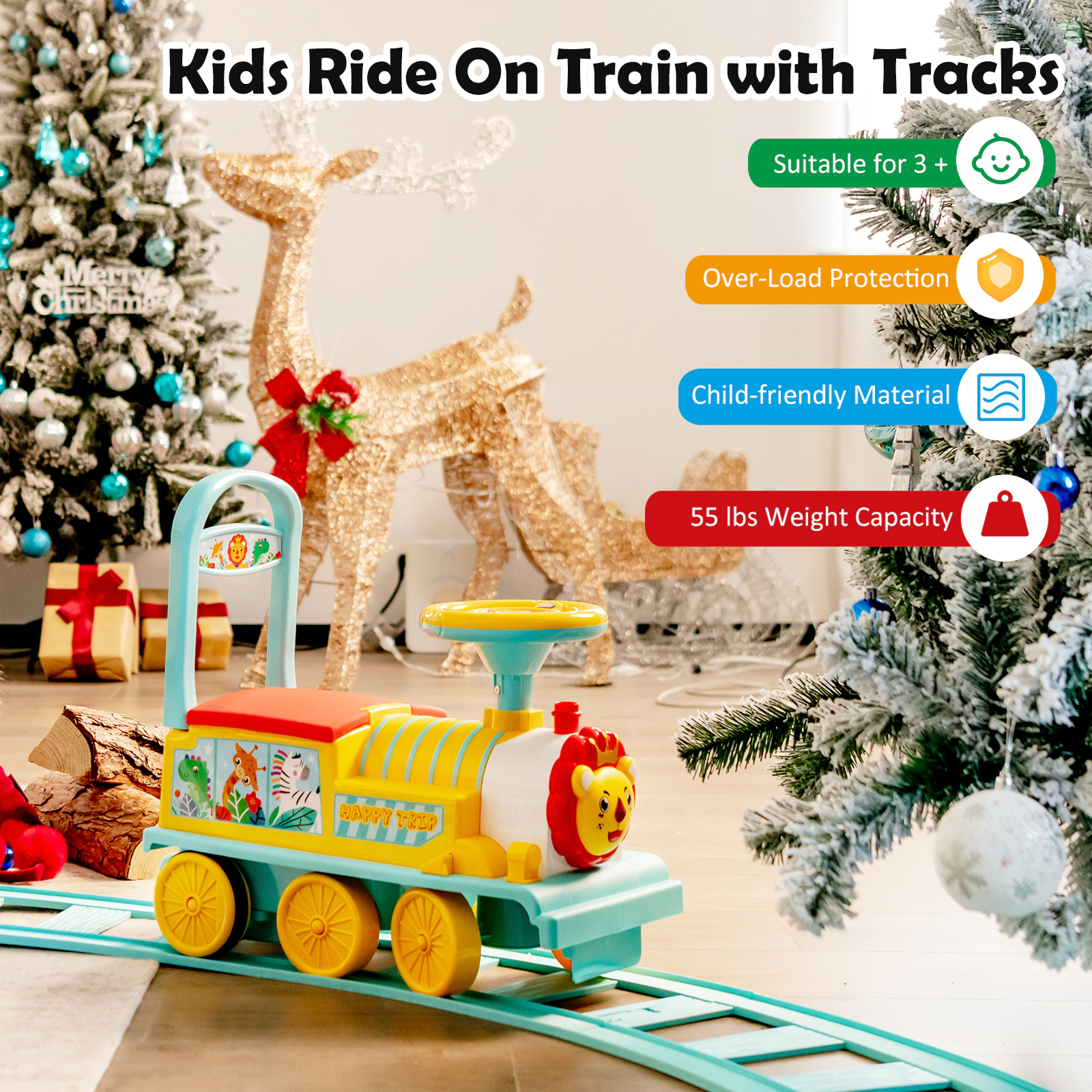 Costway 6V Electric Kids Ride On Train Motorized Toy w/ Track & 6 Wheels Blue
