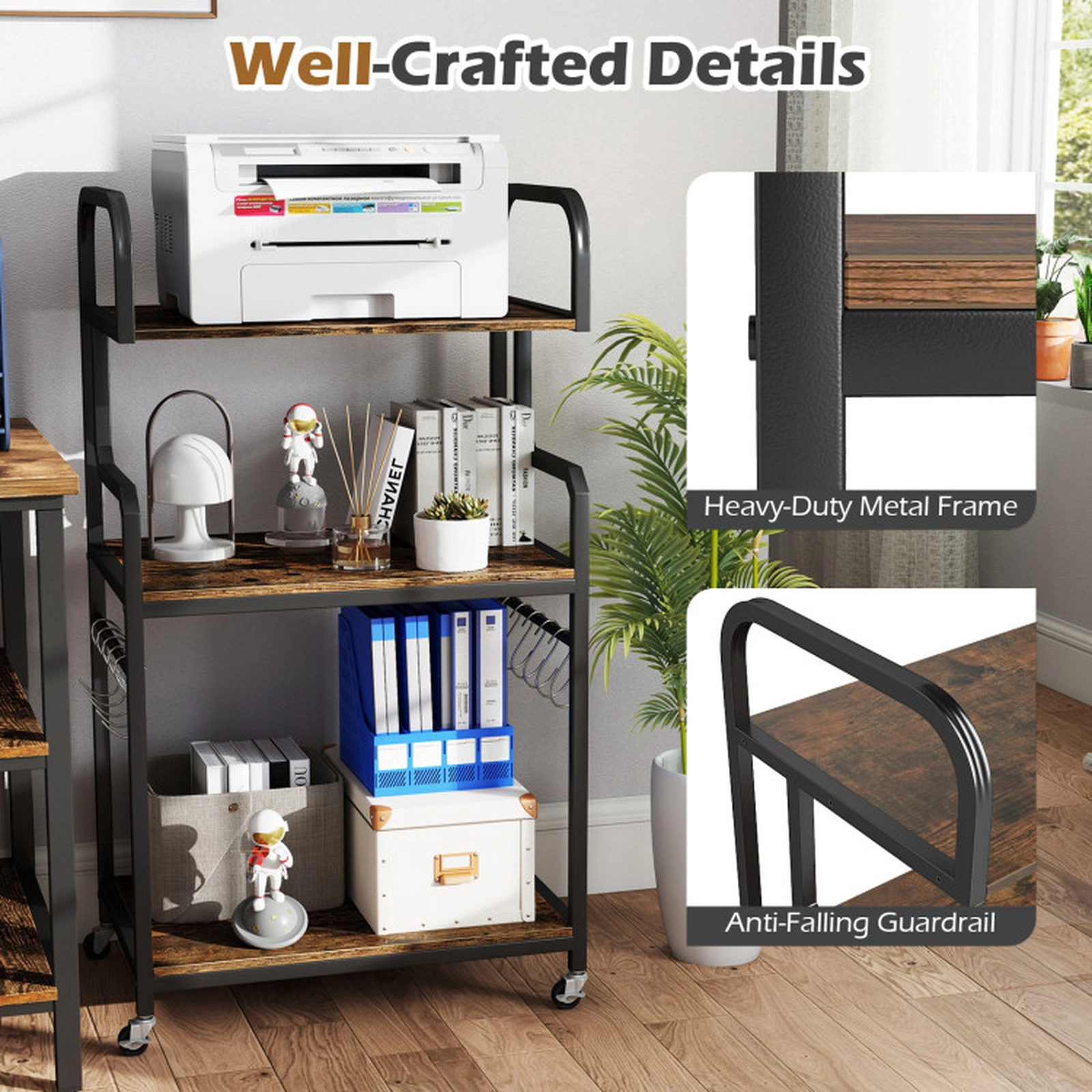SUGIFT 3-Tier Rolling Printer Stand Office Cart 44-lb Top 110-lb Middle 100-lb Bottom 22 x 16-in Shelves Rustic Brown