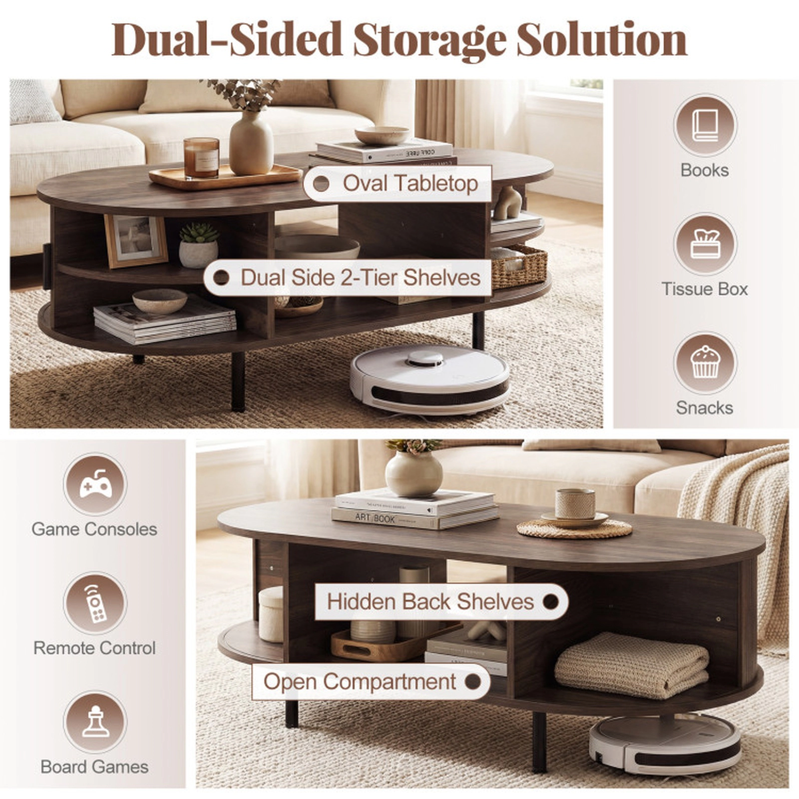 SUGIFT Oval Coffee Table Wooden Center Table with Storage 297-lb Overall Capacity Walnut
