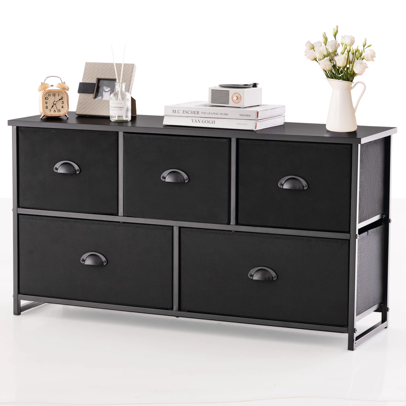 Glintex 5-Drawer Fabric Dresser with Steel Frame and Removable Cloth Bins