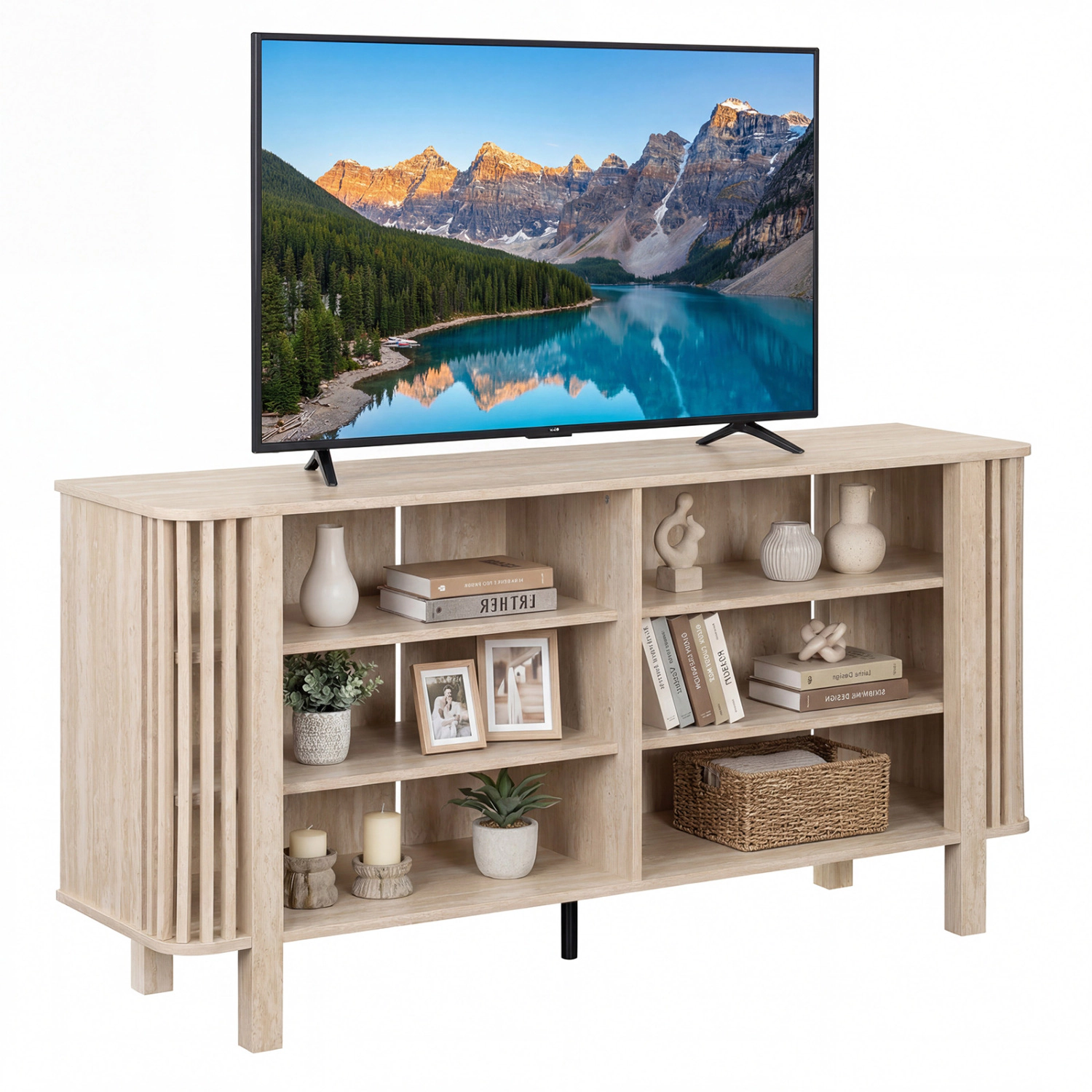 Glintex 59-Inch Slatted TV Stand with 3-Level Adjustable Shelves, Natural