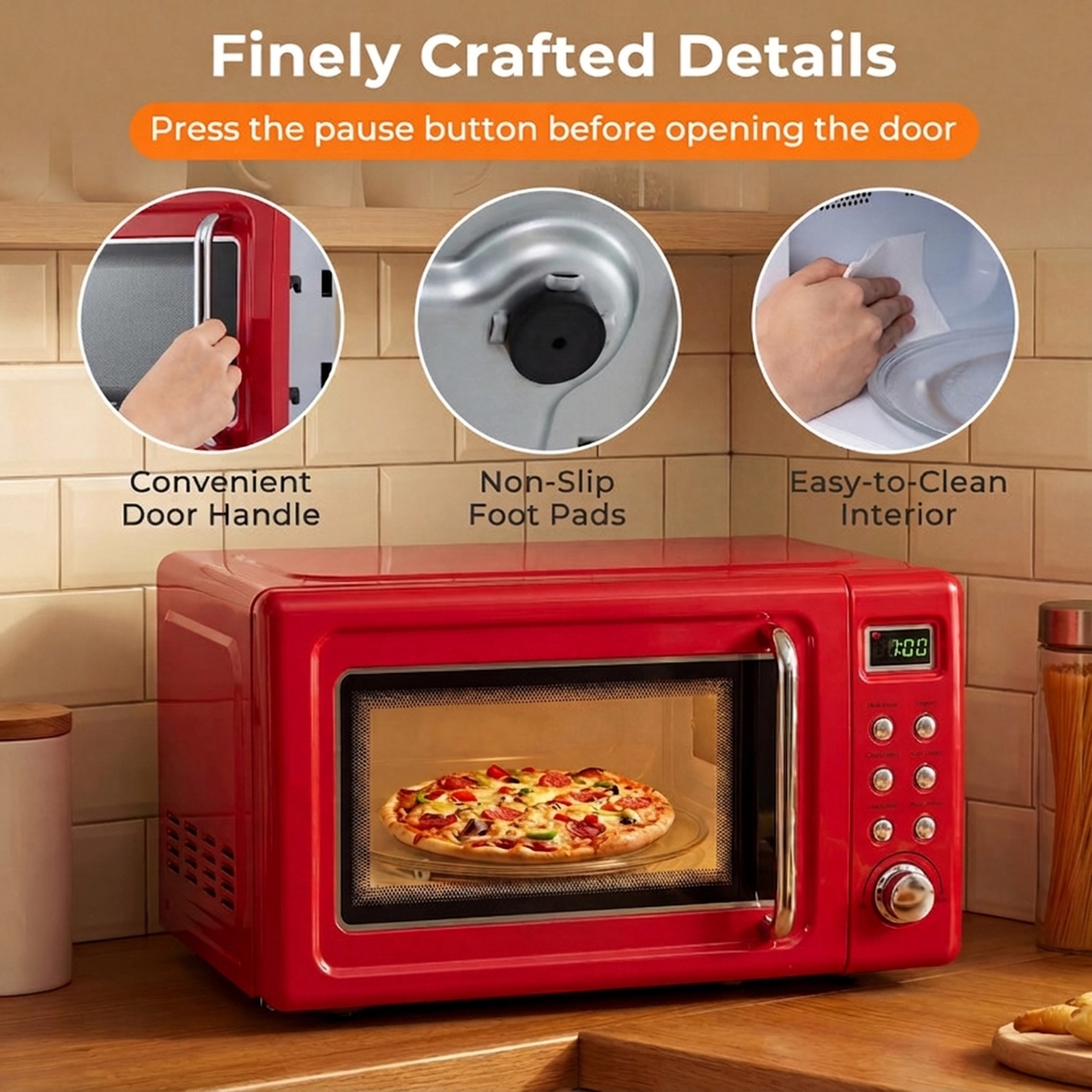 SUGIFT Red Retro Countertop Microwave Oven with LED Display and 6 Cooking Buttons 0.7-Cu-Ft 700W 18-in W 14-in D