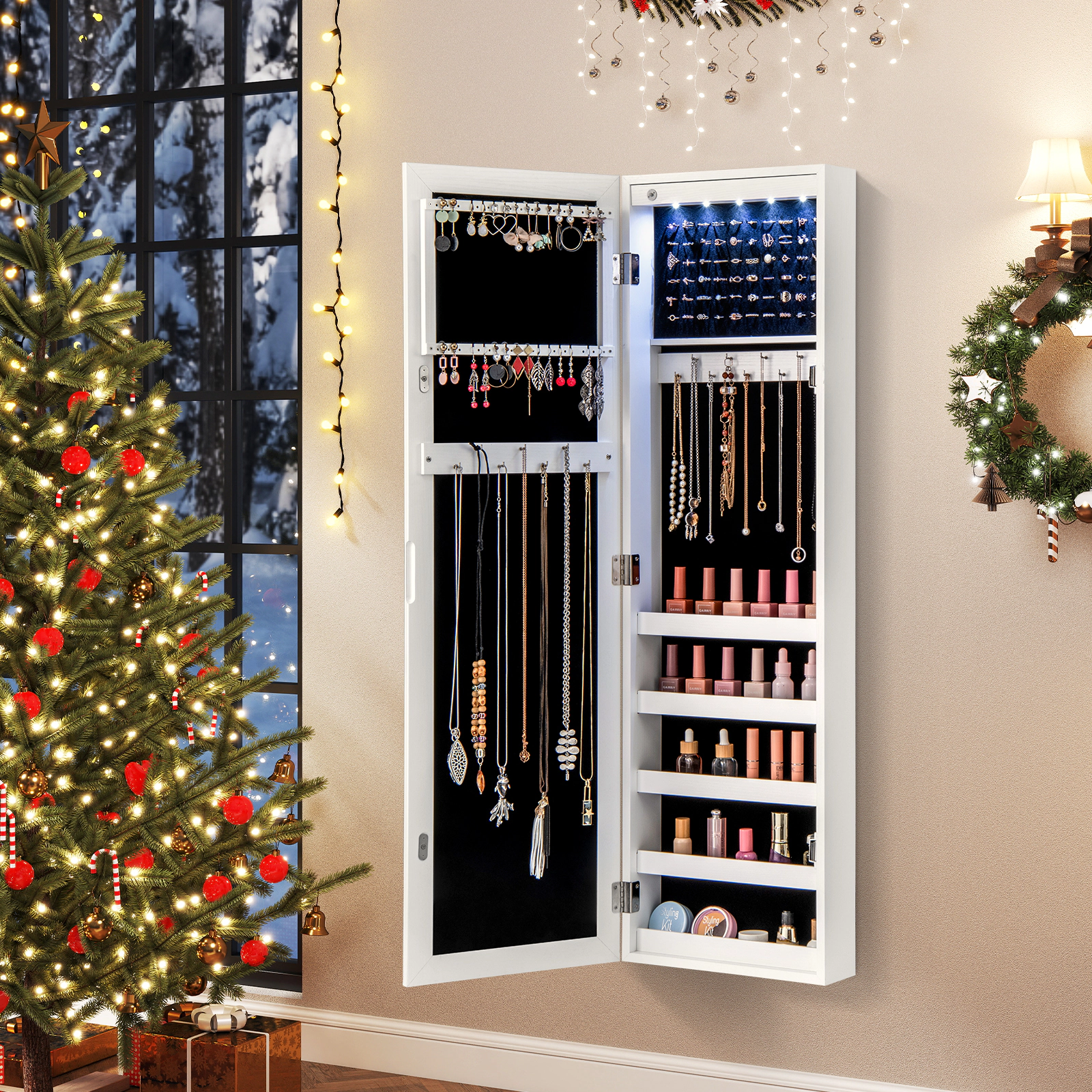 Slickblue 42 Inch Wall or Door Mounted Mirrored Jewelry Cabinet with LED Lights and Storage Shelves