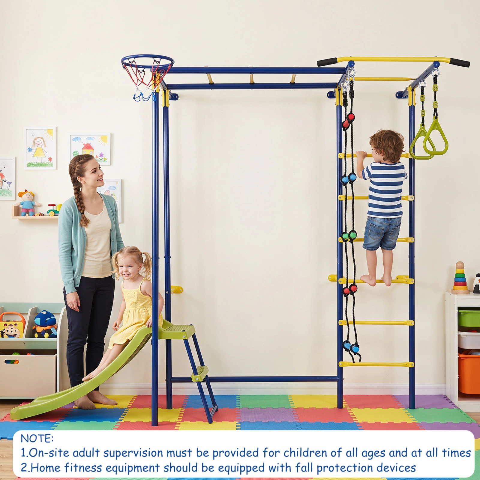 SUGIFT 7-in-1 Wall-Mounted Ladder Climber Playset with Monkey Bars Slide Rings and Rope Ladder Green Blue Yellow Red