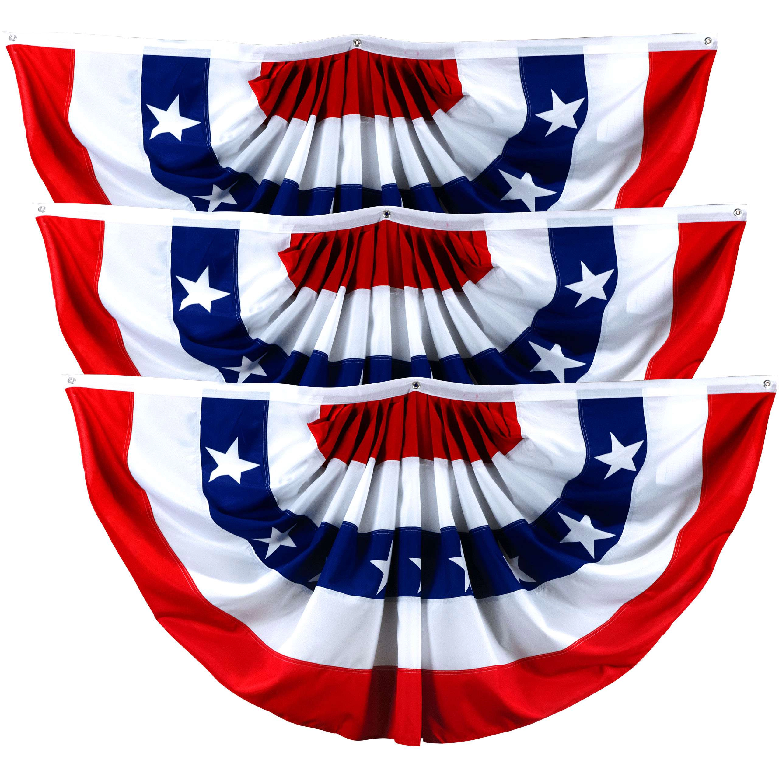 G128 3-Pack USA Pleated Fan Flags 2x4 Ft - Printed Stars & Stripes Bunting with Canvas Header and Brass Grommets