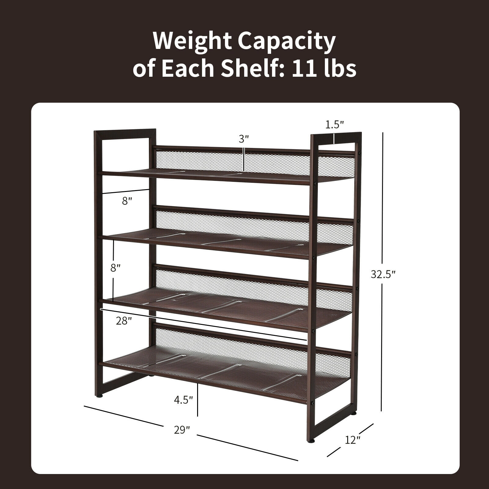 SUGIFT 4-Tier Brown 29-in Steel Metal Shoe Rack with Flat or Slanted Mesh Shelves for Closet and Entry