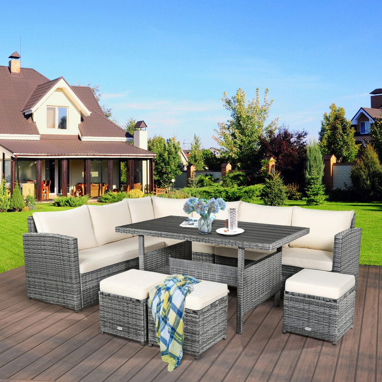 Hivvago 7 Pieces Patio Rattan Dining Furniture Sectional Sofa Set With Wicker Ottoman