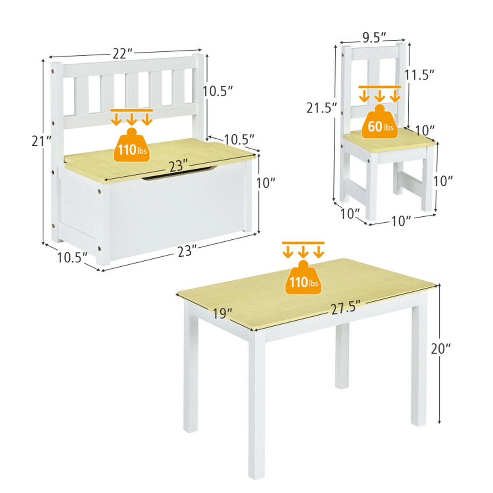 SUGIFT 4-Piece Kids Wooden Activity Table and Chairs Set with Storage Bench 110-lb Capacity Ages 3-5 Gray/Natural