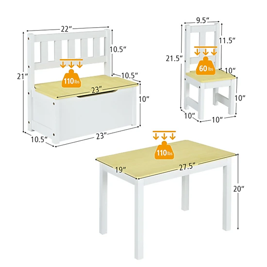 SUGIFT 4-Piece Kids Wooden Activity Table and Chairs Set with Storage Bench 110-lb Capacity Ages 3-5 Gray/Natural