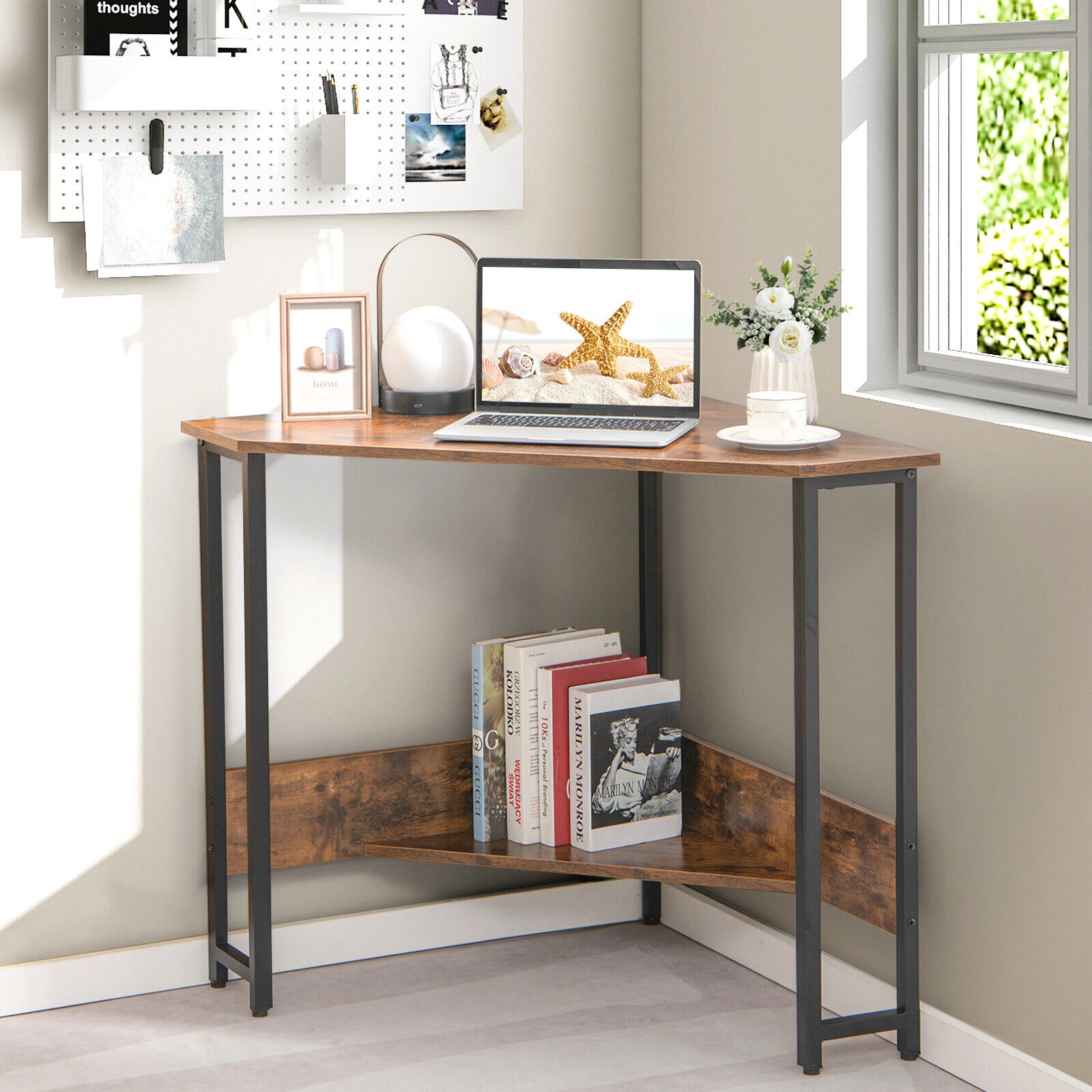 SUGIFT Space-Saving Triangle Computer Corner Desk with Charging Station 200-lb Tabletop Capacity Rustic Brown