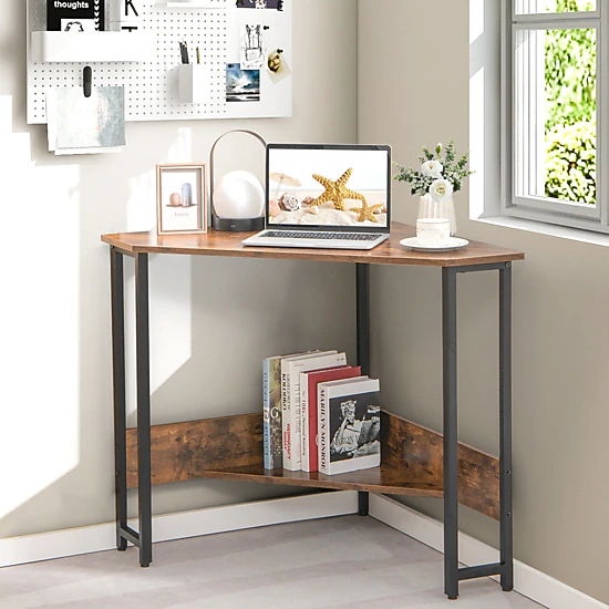 SUGIFT Space-Saving Triangle Computer Corner Desk with Charging Station 200-lb Tabletop Capacity Rustic Brown