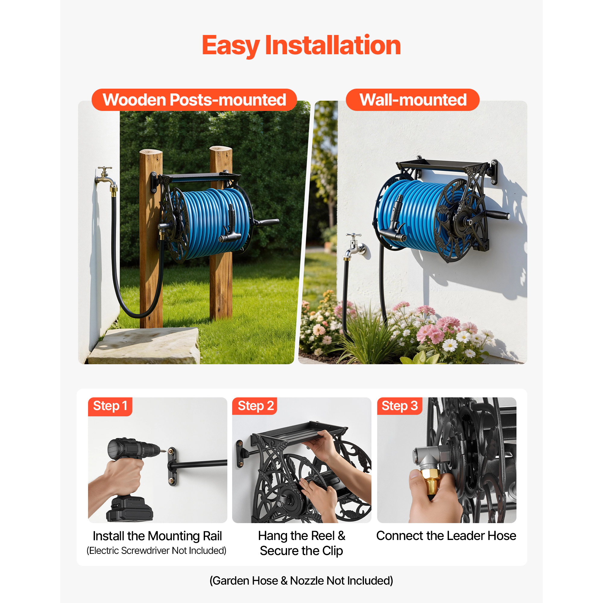 HONGGE Heavy-Duty Wall Mounted Garden Hose Reel Holds 5/8-inch Hose Outdoor Winder