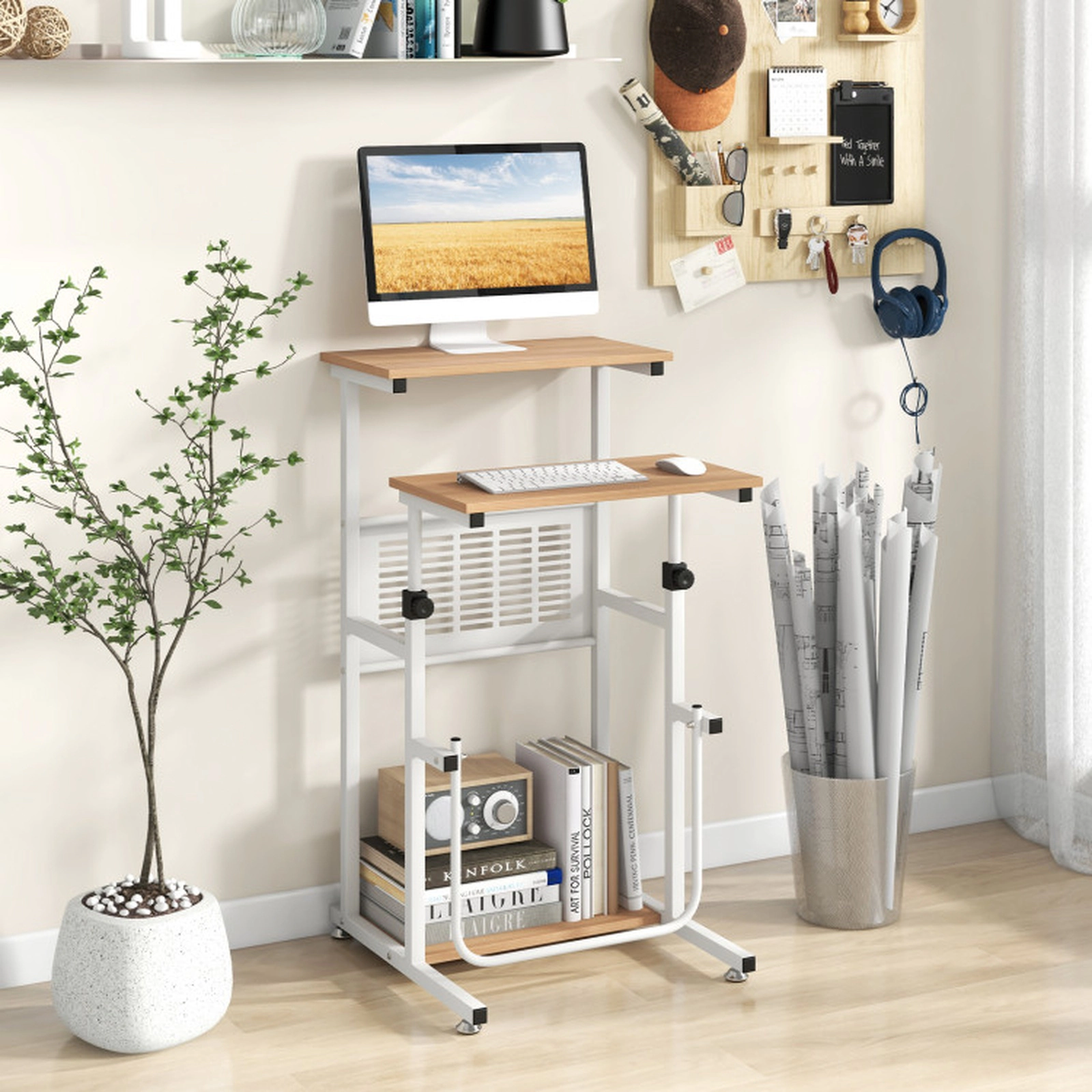 SUGIFT Height Adjustable Bottom Shelf Footrest Small Space Sit Stand Desk 22-in x 21-in x 27-in to 38.5-in Oak