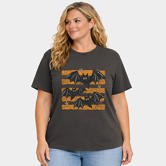 Simply Sage Market - Women's Plus Sized Garment Dyed Graphic T-Shirt - Bats Orange Stripes