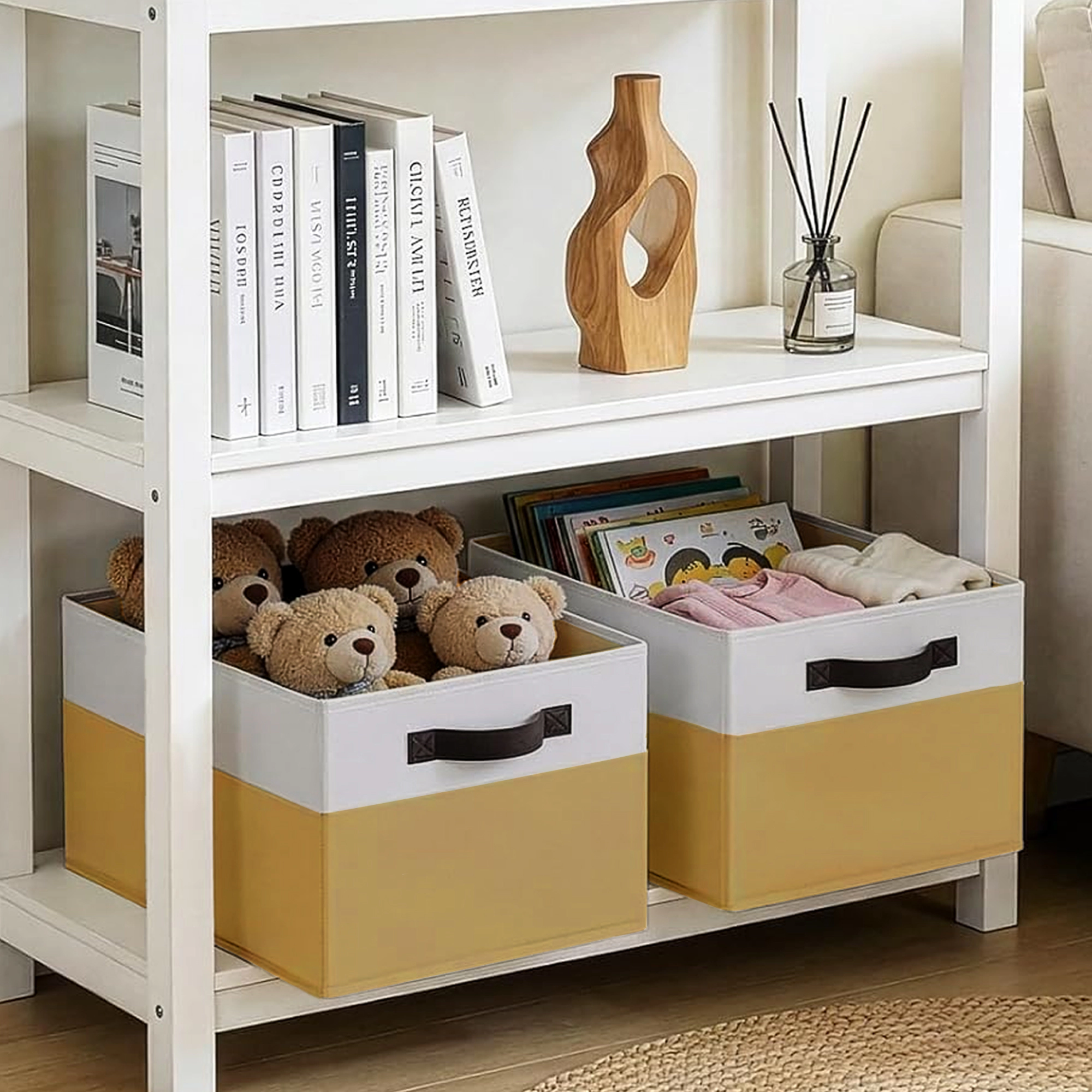Cheer Collection 4-Pack Large Collapsible Fabric Storage Bins with Handles and Reinforced Base (White Gray)