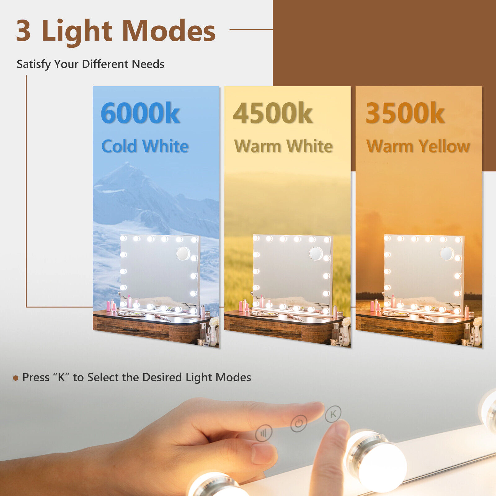 Slickblue 25.5 Inch LED Vanity Makeup Mirror with 18 LED Bulbs, 3 Light Modes and 3X Magnifying Mirror