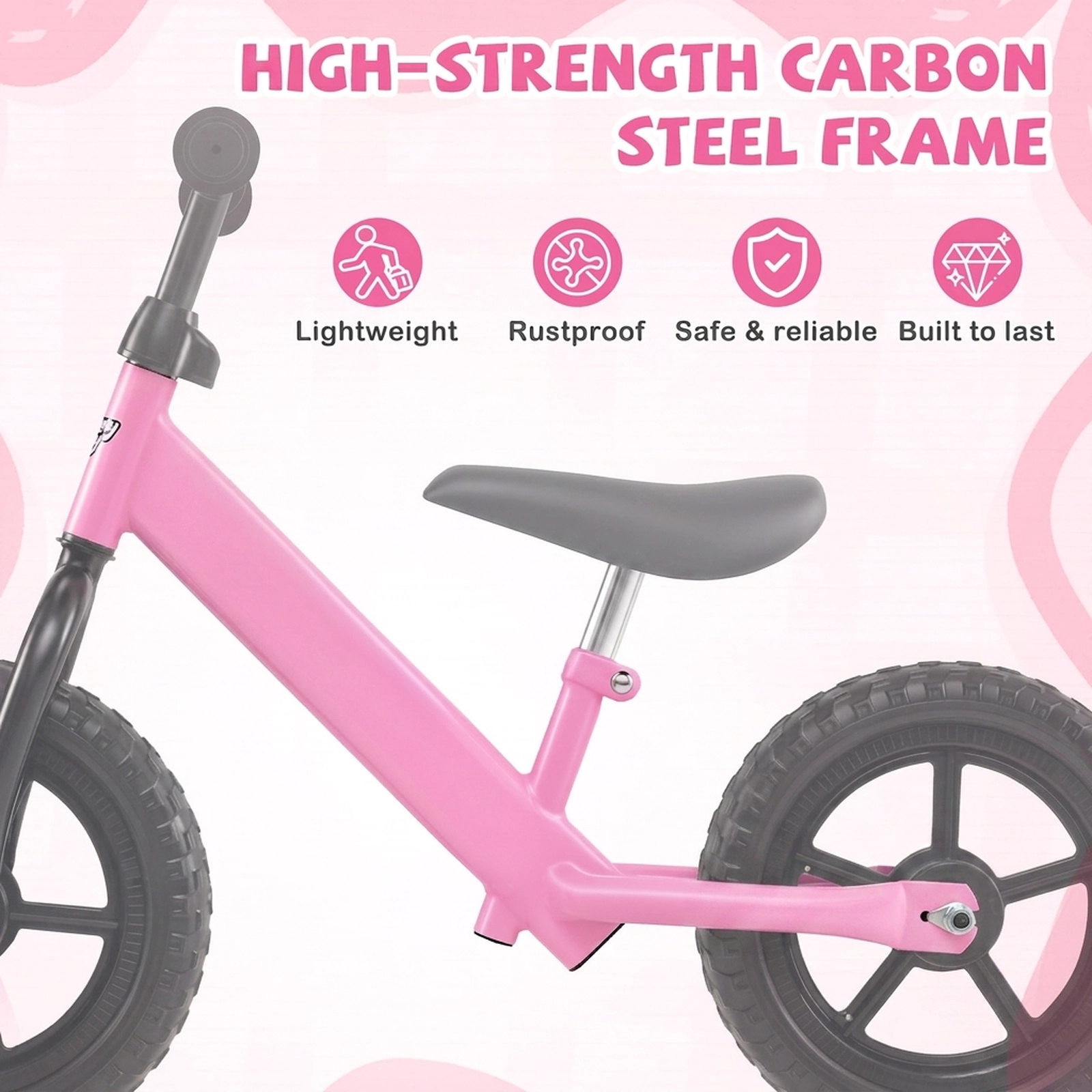 Toddler Balance Bike Pink Ages 2-5 Anti-Slip Grips Padded Saddle Adjustable Height 55-lb Max Weight