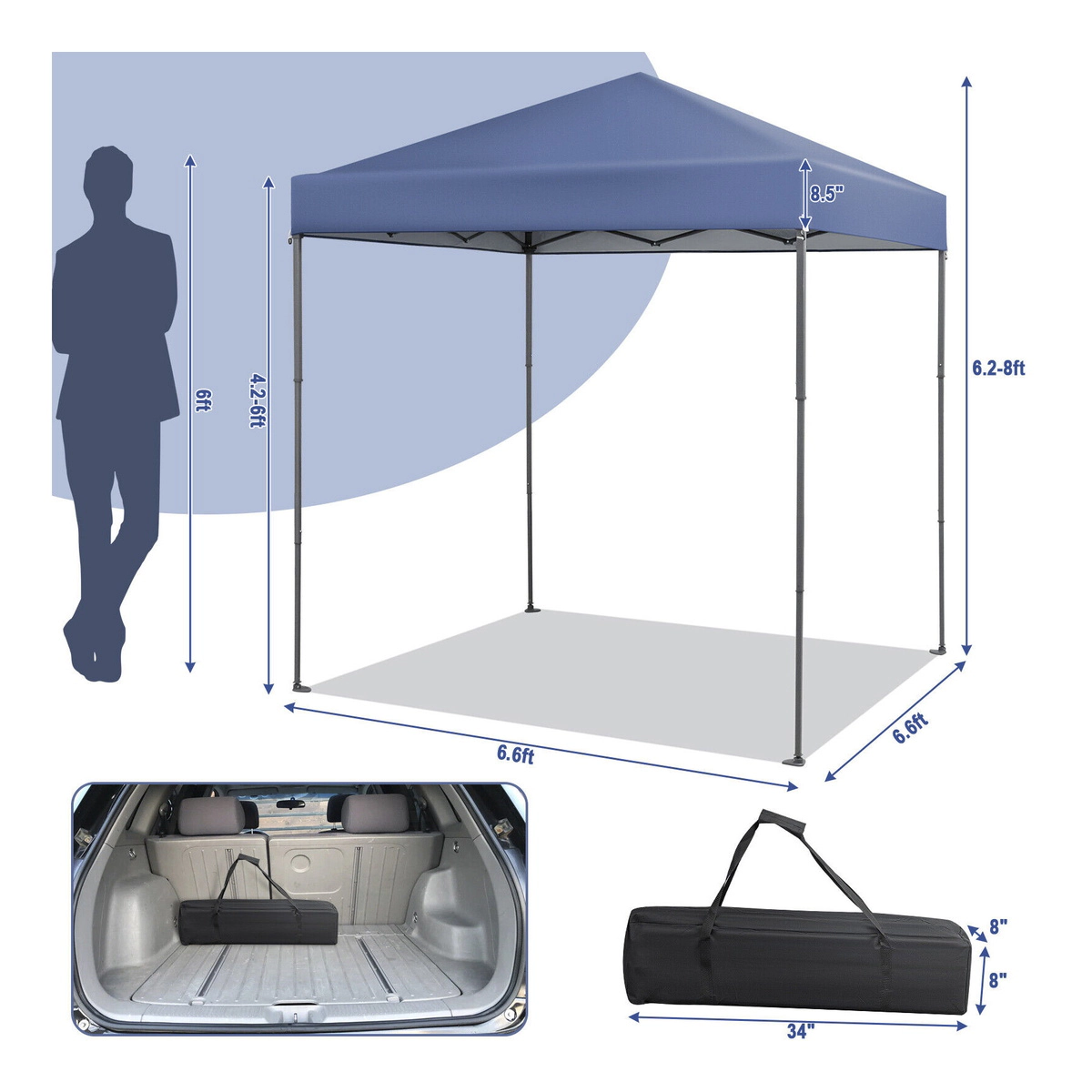 SUGIFT Blue 6.6-ft by 6.6-ft UPF50+ Flame-Resistant Oxford Pop Up Canopy Tent with 34-in Carry Bag