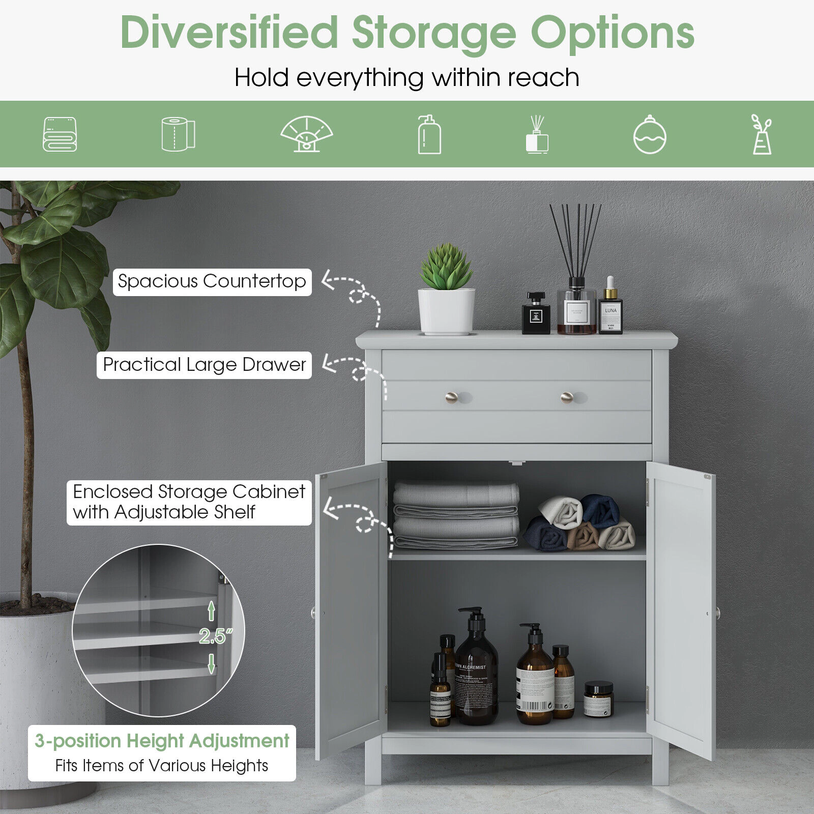 Glintex Wooden Bathroom Cabinet with 110-Lb Top Large Drawer and 2 Doors
