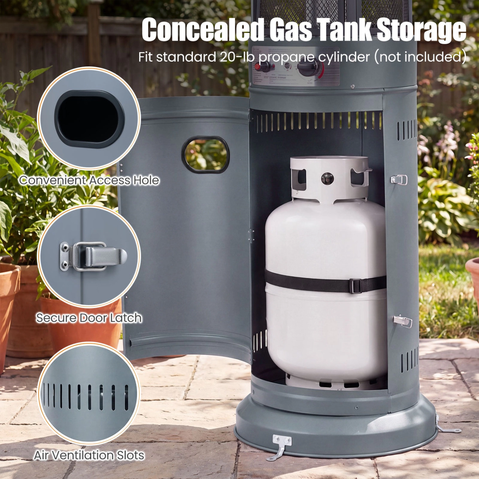 SUGIFT Outdoor Propane Patio Heater with Glass Tube 34,000-BTU Output with Tilt-Over Protection Dark Gray/Gray/Silver