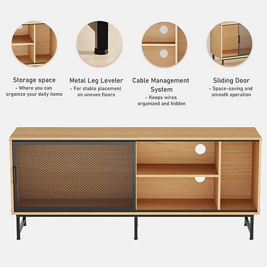BebreezChic 63 Inch Modern Industrial TV Stand for Living Room for TV up to 70"–Metal Mesh Sliding Doors