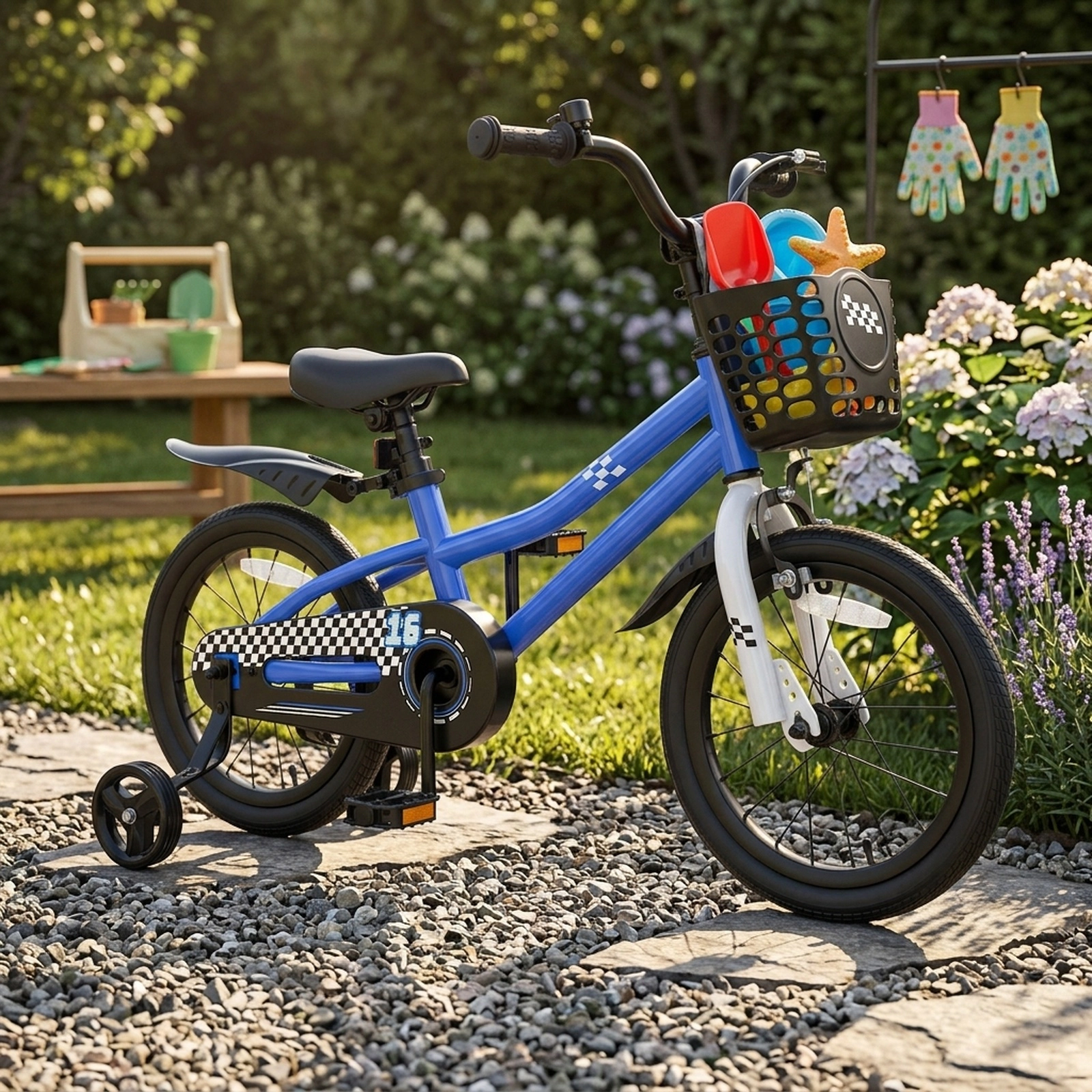 16-in Kids Bike Removable Training Wheels Short-Reach Hand Brake Coaster Brake Adjustable Seat Ages 4-7 Navy