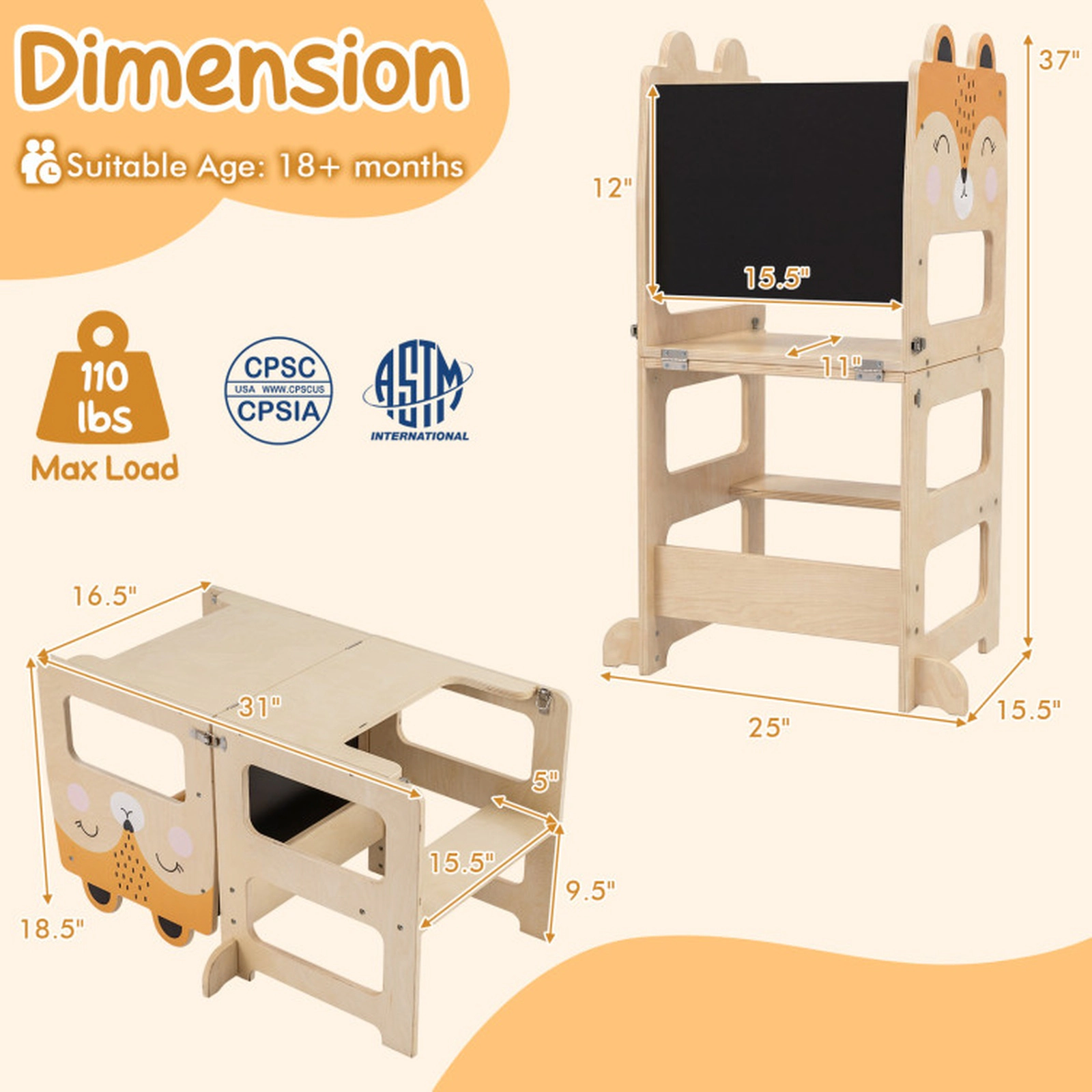 SUGIFT 3-in-1 Wooden Kids Toddler Kitchen Step Stool with Blackboard & Table Set 110-lb Capacity Ages 18+ Months Orange