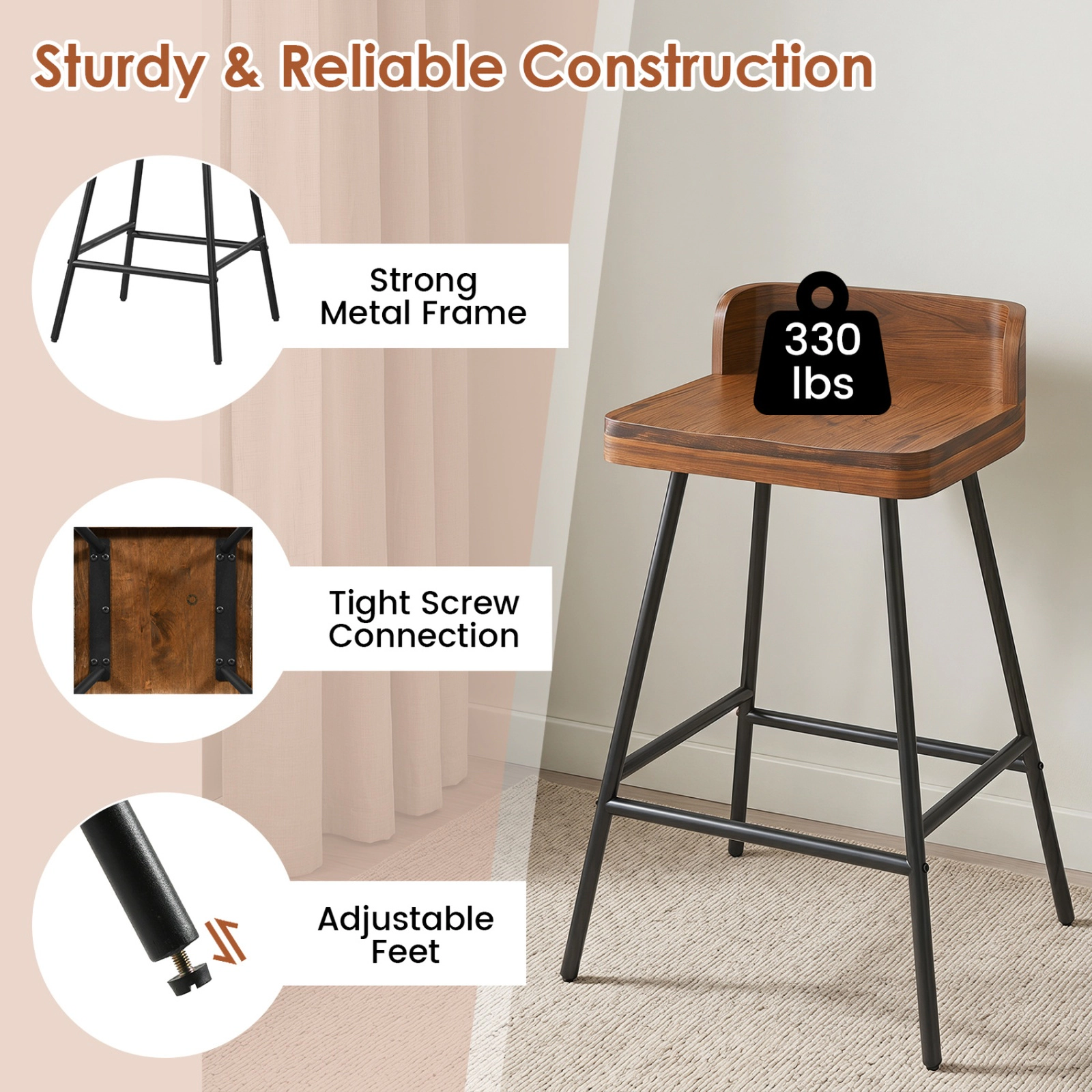 SUGIFT Low Back Metal Legs and Footrest Set of 2 Walnut Counter Height Bar Stools