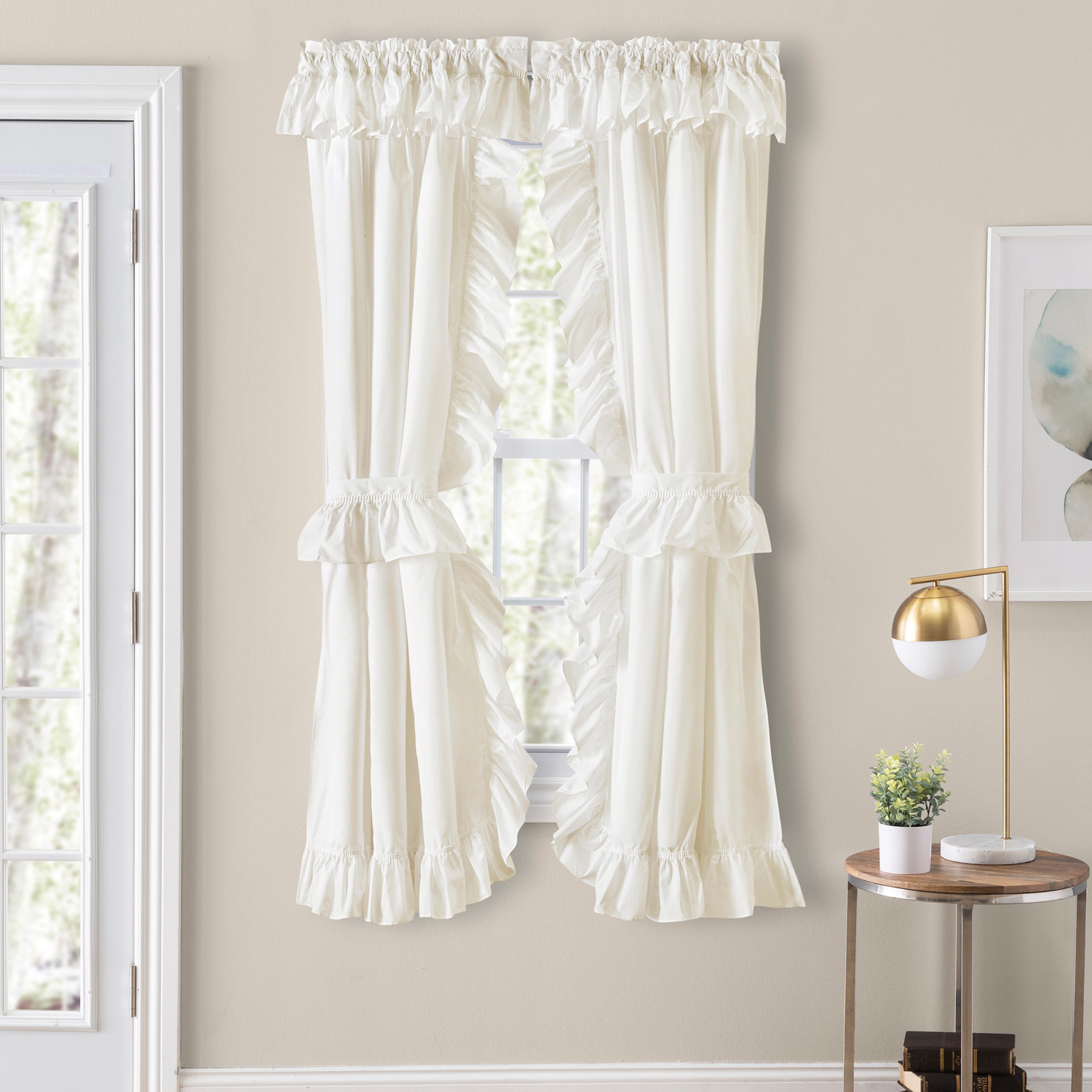 Ellis Curtain Classic Wide Solid Color Perma Press Ruffled Priscilla Curtain Panel With Ties 84" x 45" Natural
