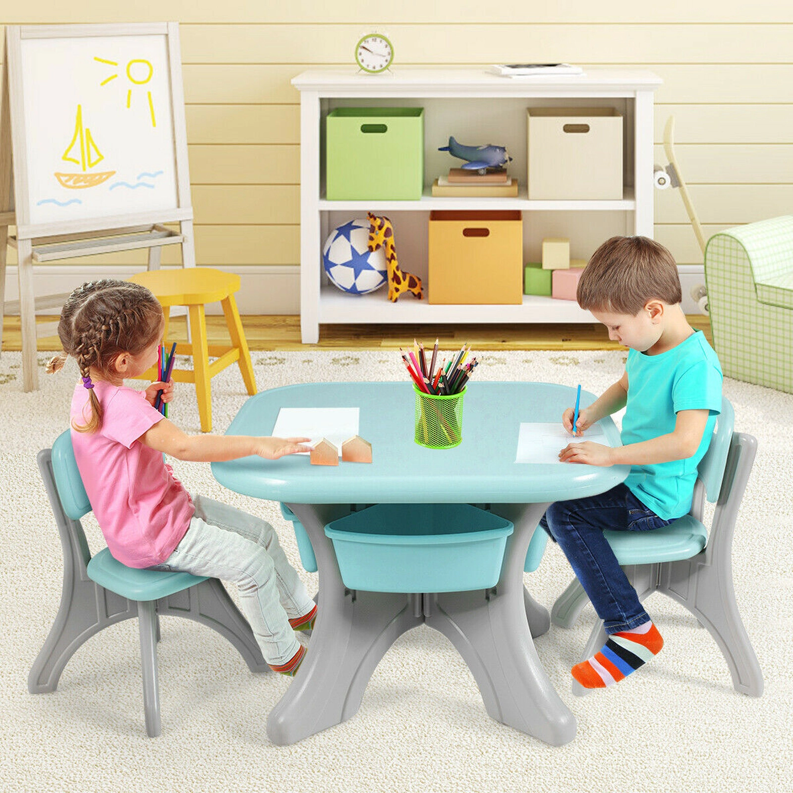 SUGIFT Blue Kids Activity Table and 2 Chairs, 4 Storage Drawers, 27-Inch Square Top