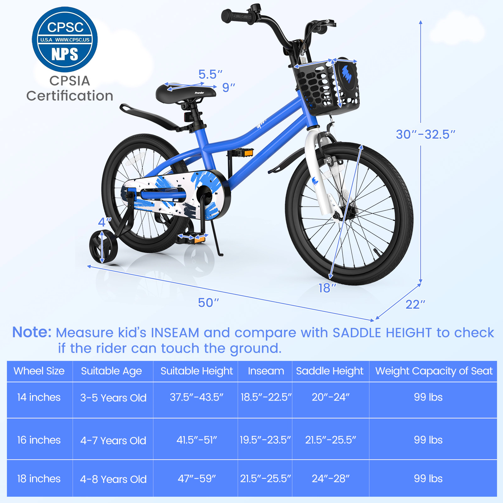 SUGIFT Blue Removable Training Wheels Basket Kickstand and Dual Brakes Kids 18 Inch Bike