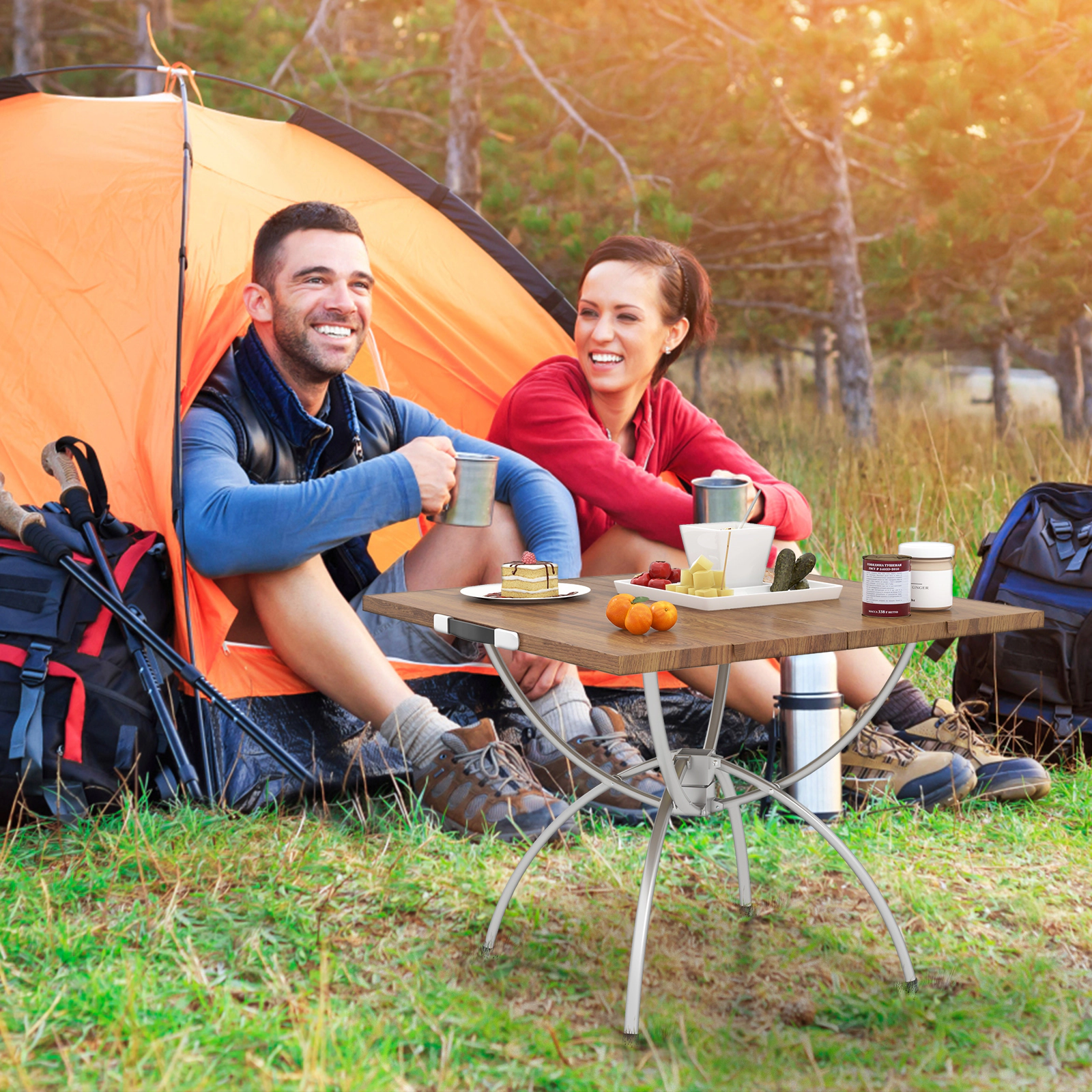 LJG Patented 2 Pack Folding Camping Table with Wood-Grain Tabletop for Hiking Party