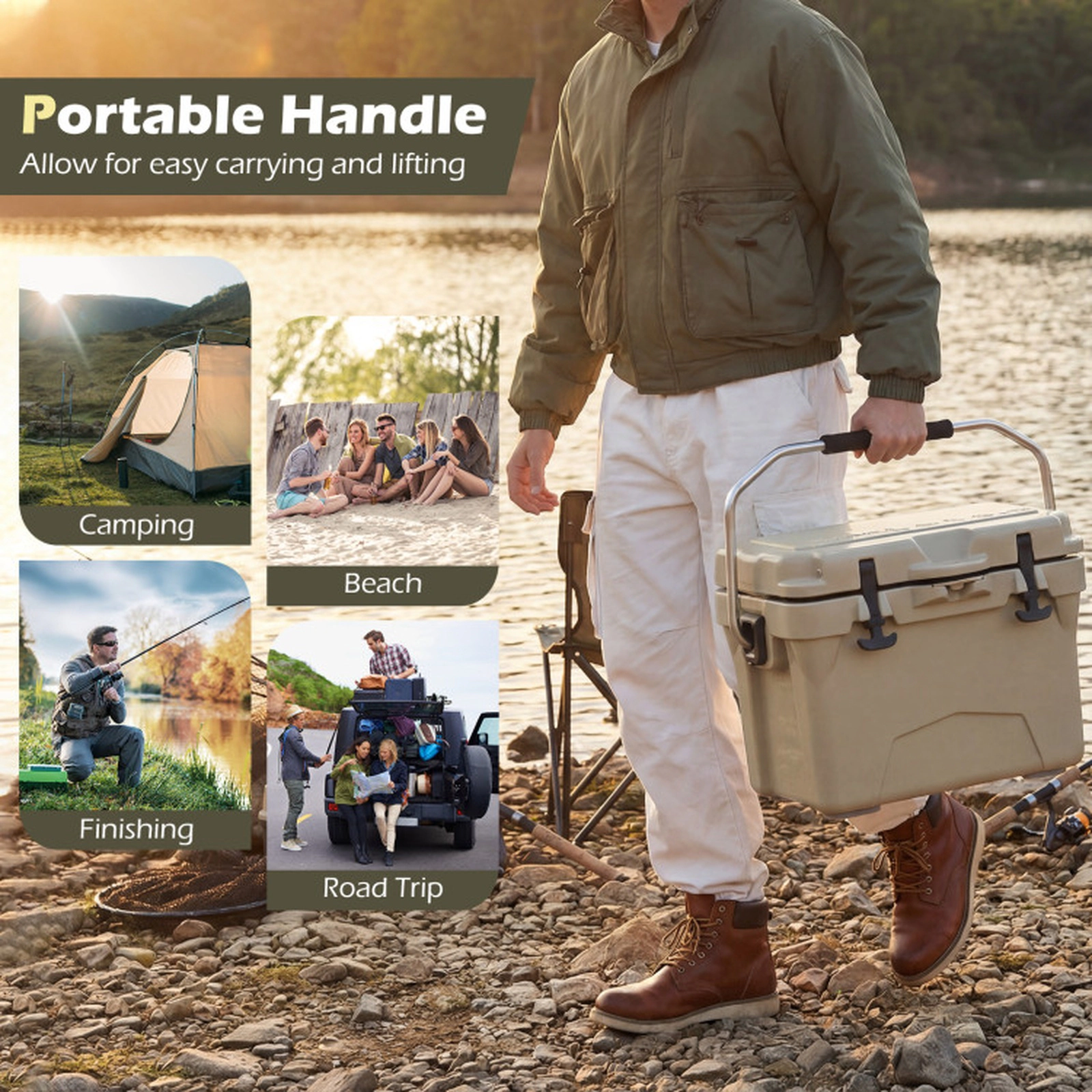SUGIFT 20-qt Khaki Portable Hard Cooler Ice Chest with 6-Day Ice Retention Built-In Ruler and Bottle Opener