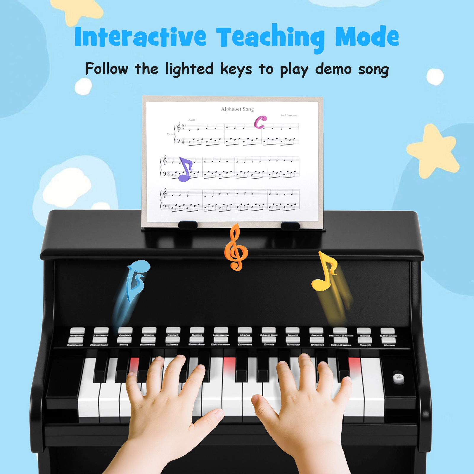 SUGIFT 25-Key Kids Piano Keyboard with Adjustable Volume and Speed Mini Size Ages 3+ with Music Stand Black